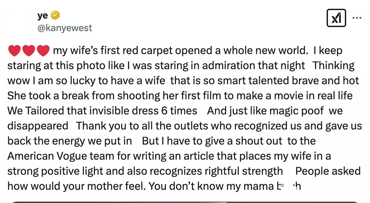 West penned a lengthy statement on Twitter (kanyewest/X)