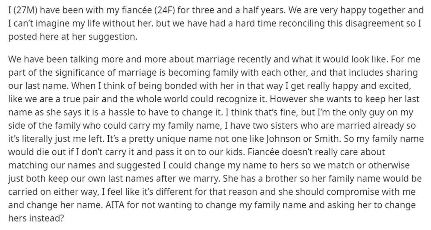 This man took to Reddit to explain his and his fiancée's disagreement (