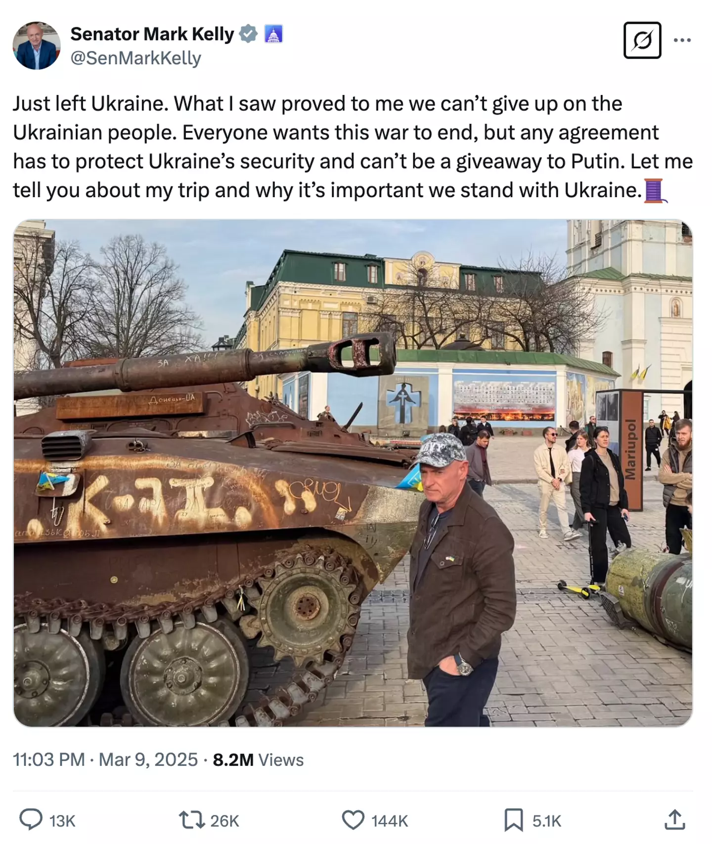 Kelly hit back at Musk's comments about him visiting Ukraine (SenMarkKelly/X)