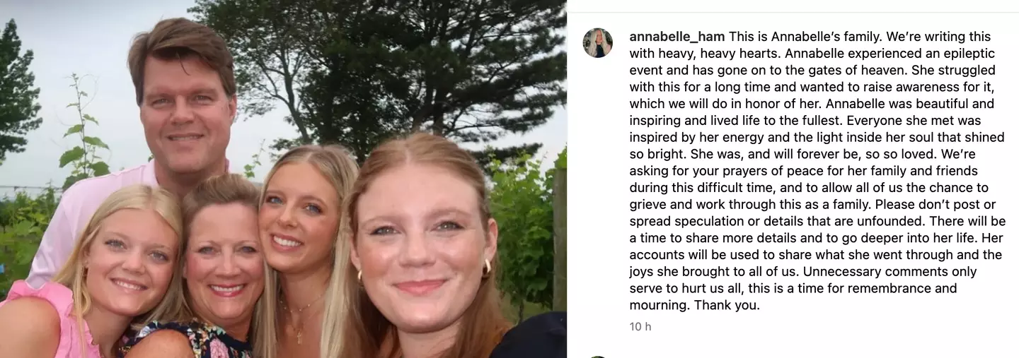 Annabelle's family announced the news on Instagram.
