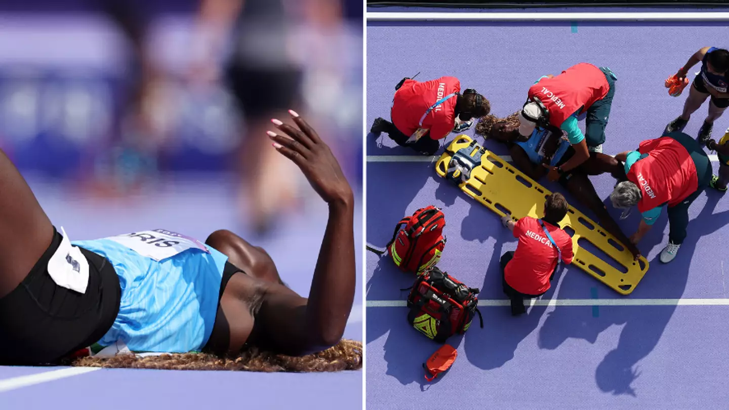 Olympic athlete rushed out by medics after collapsing at event sparking concern amongst viewers