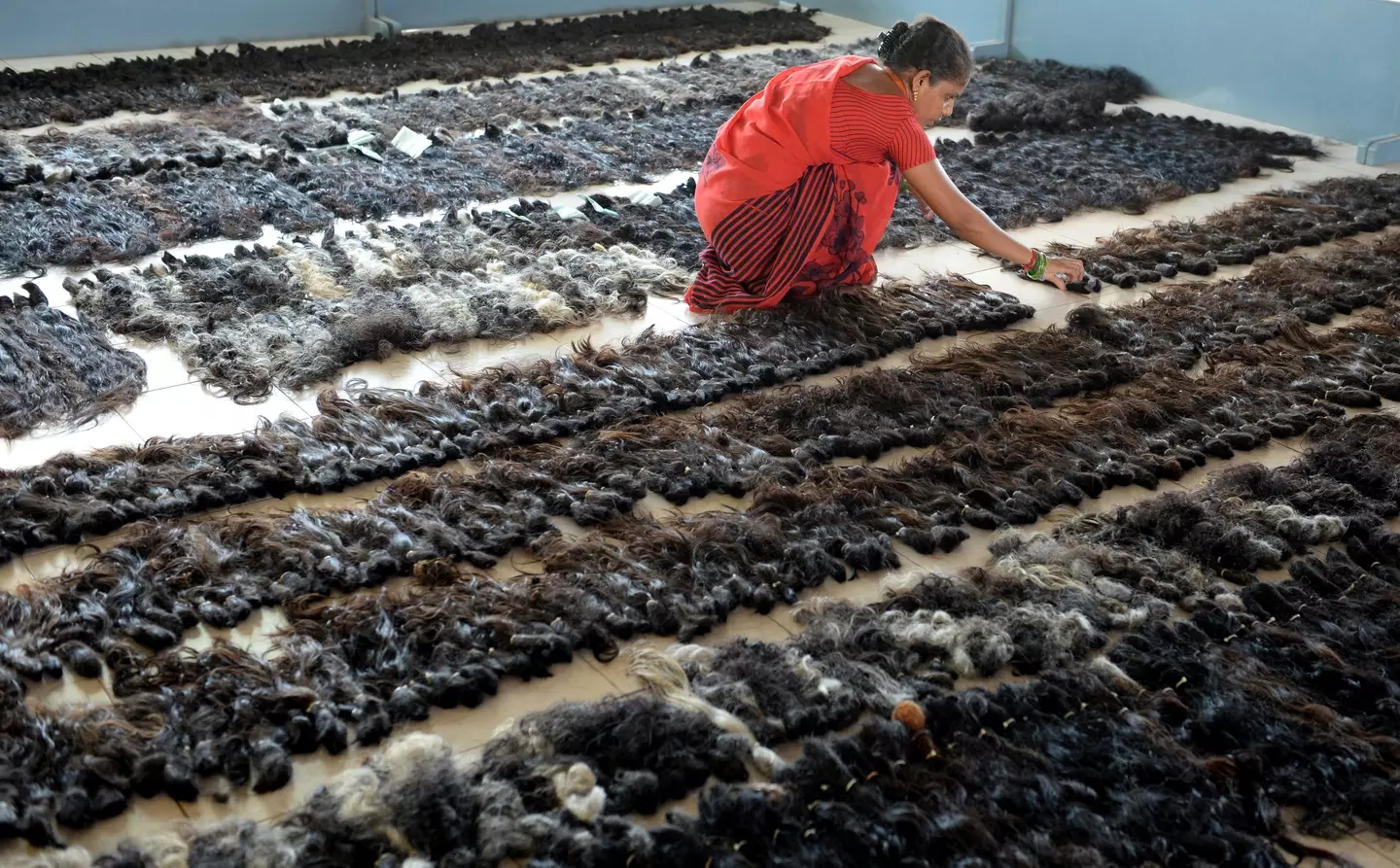 A woman sorts through different grades of hair (ARUN SANKAR / AFP) (Photo by ARUN SANKAR/AFP via Getty Images)