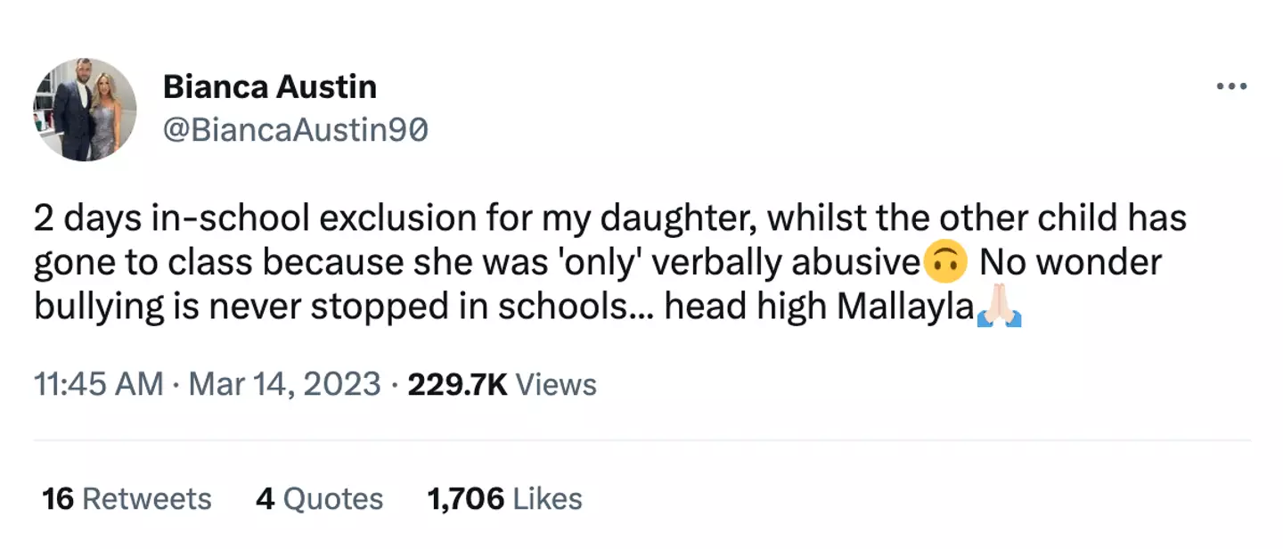 Her daughter received a punishment of two days exclusion.
