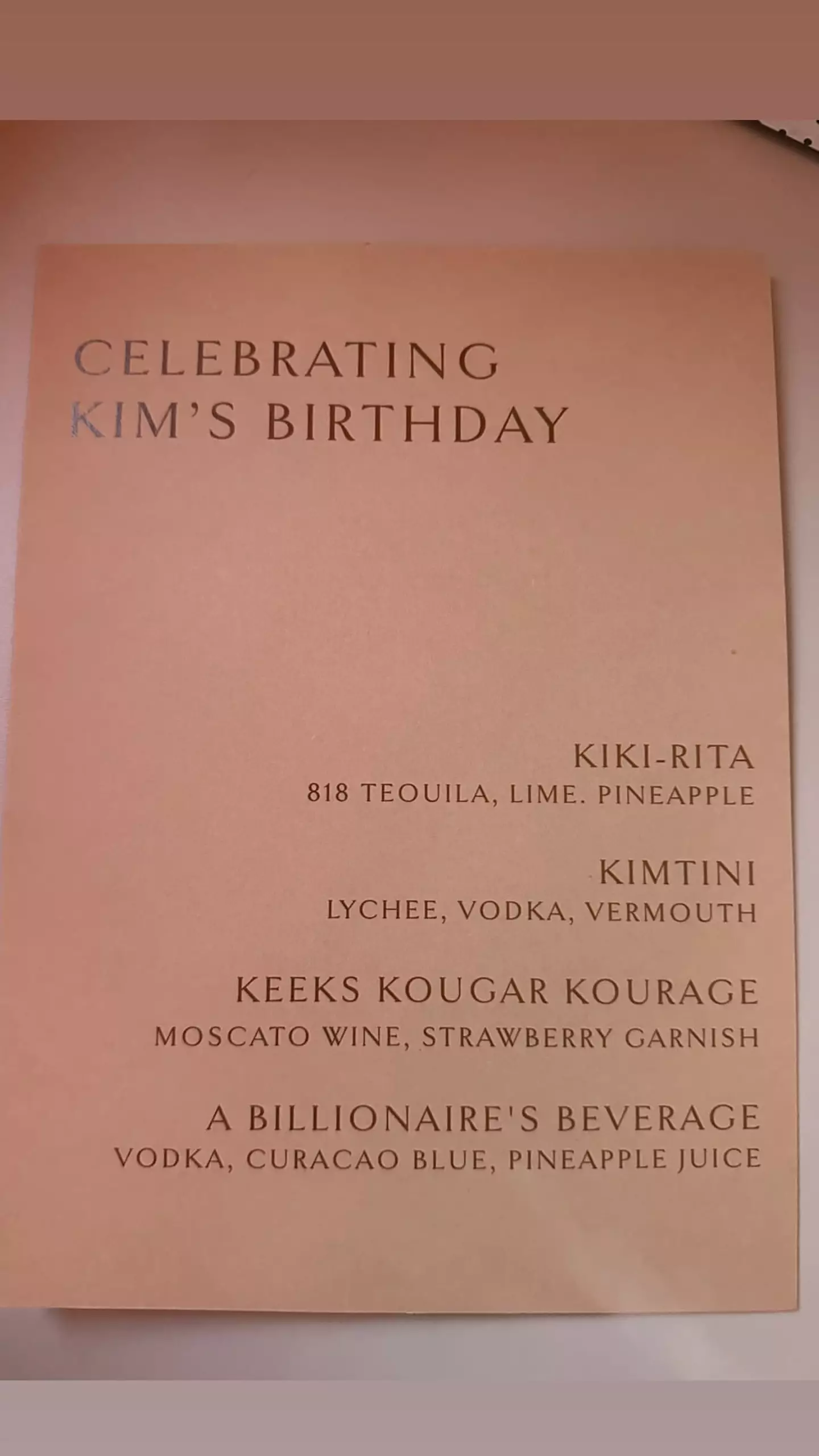 They had a bespoke cocktail menu on board. Mine's a Kim-Tini!