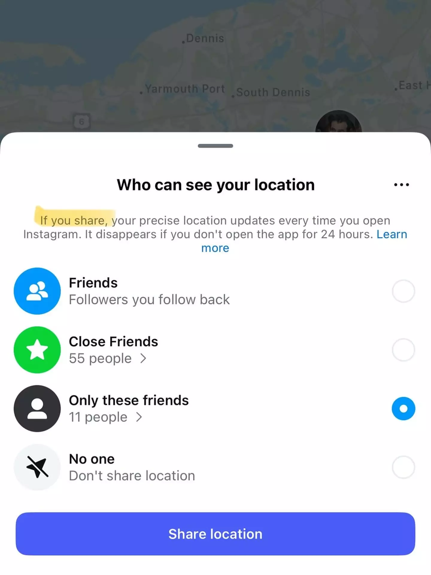 Location sharing is only on if the user enables it (Instagram)