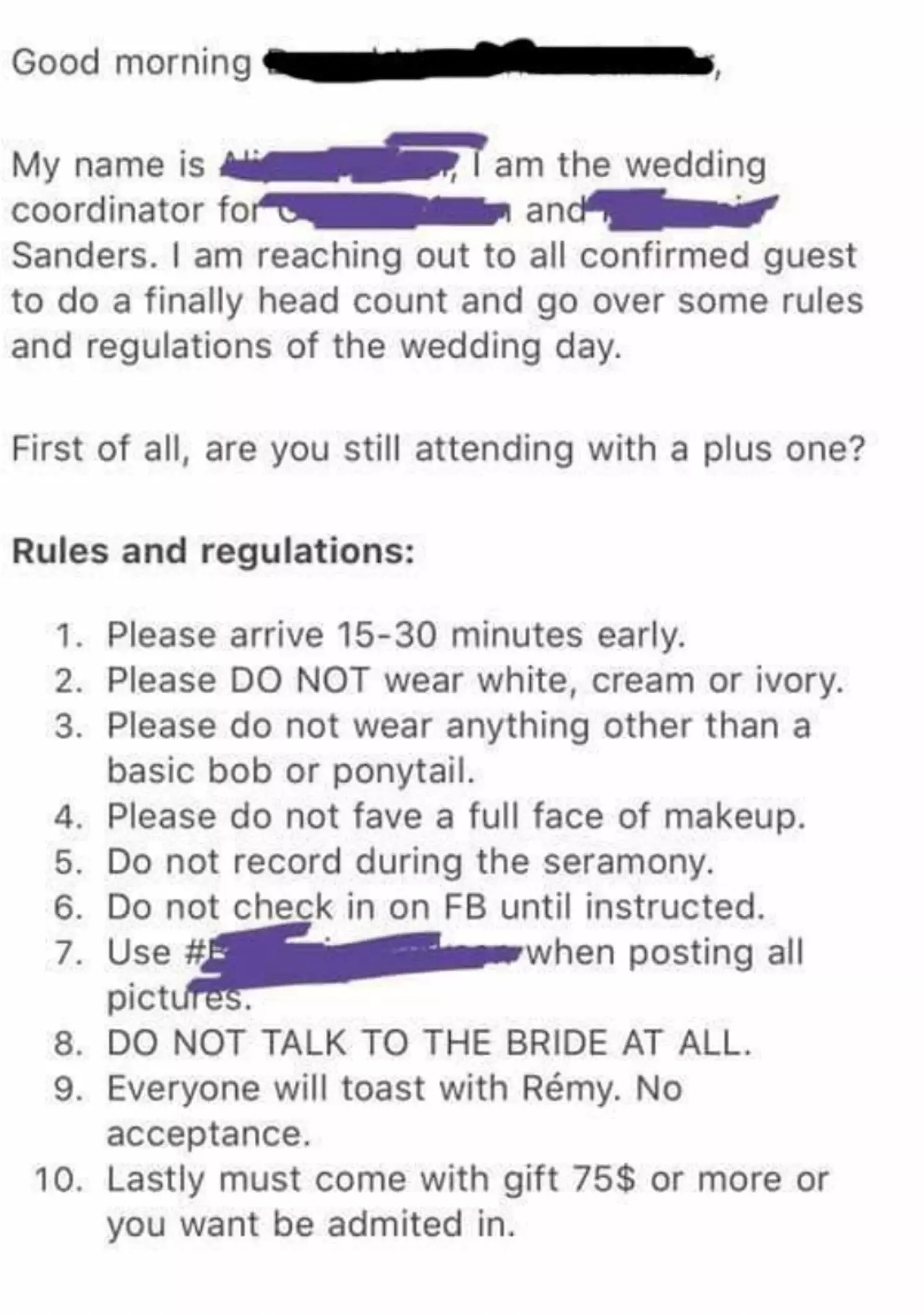 A bride sent a list of strict rules and regulations for her wedding (