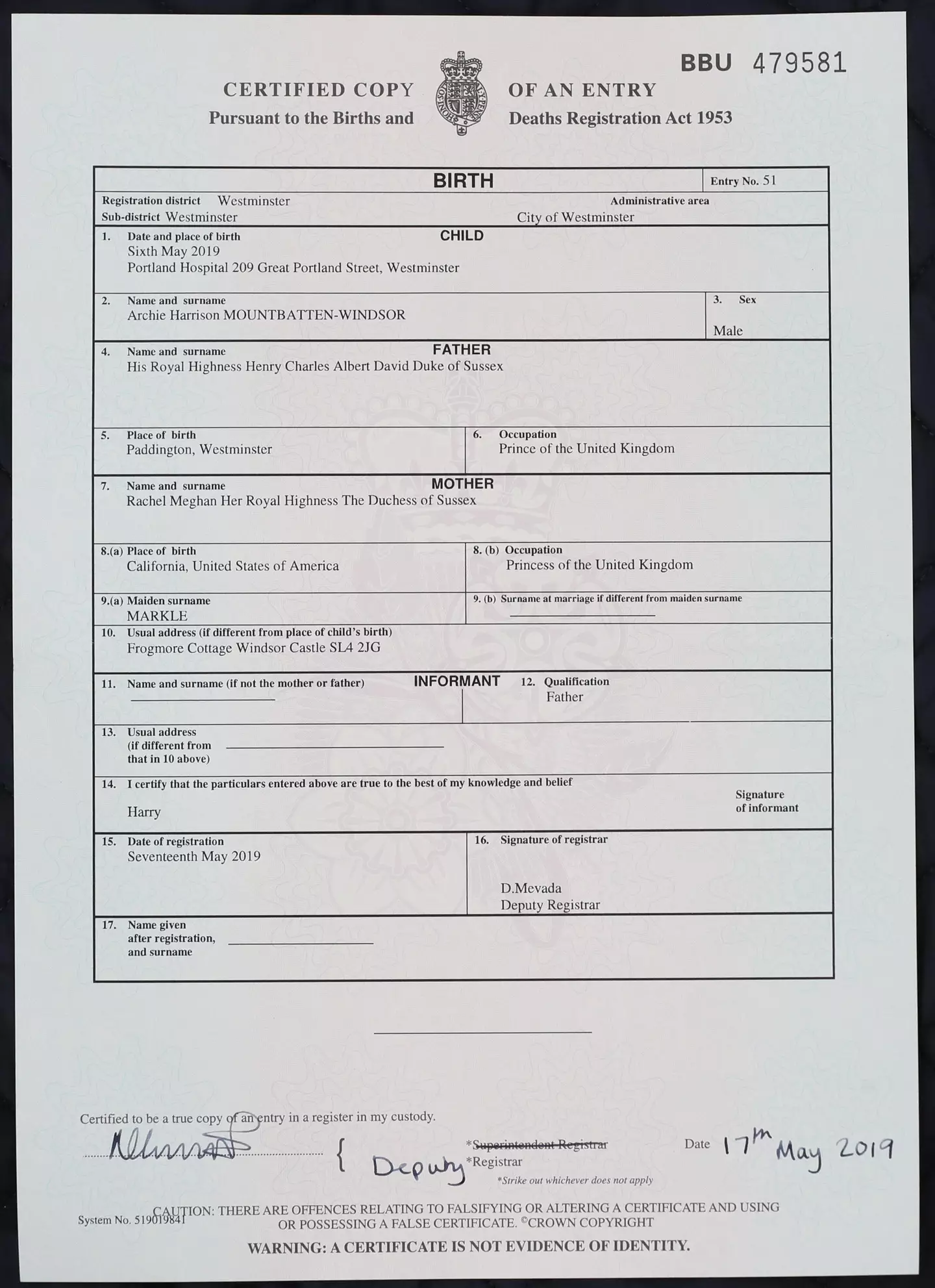 Archie's birth certificate was released in May 2019 (