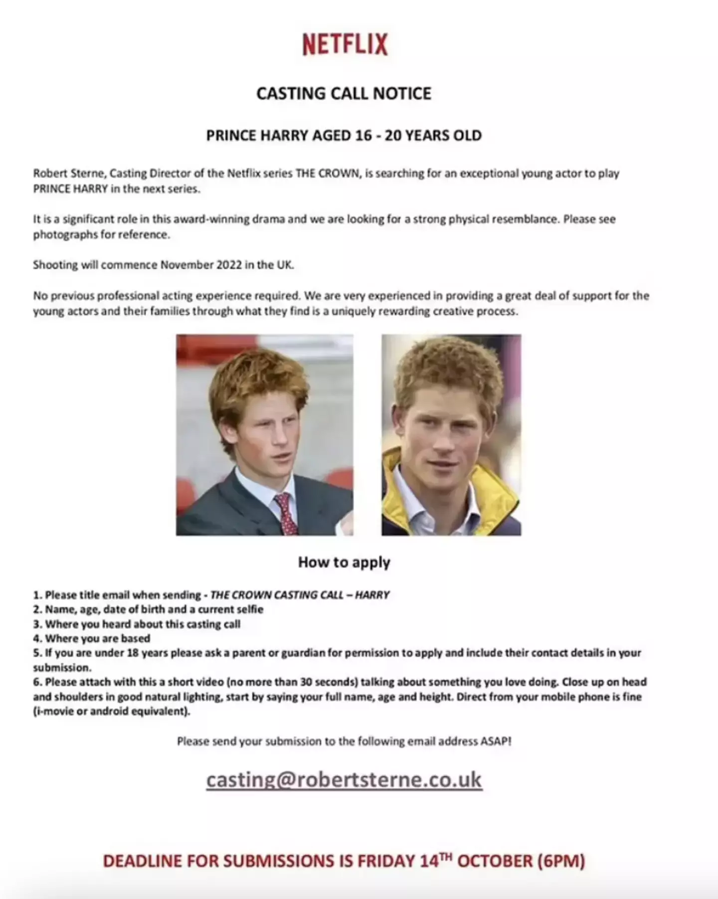 The chosen actor will need to bear a 'strong resemblance' to the Duke of Sussex.