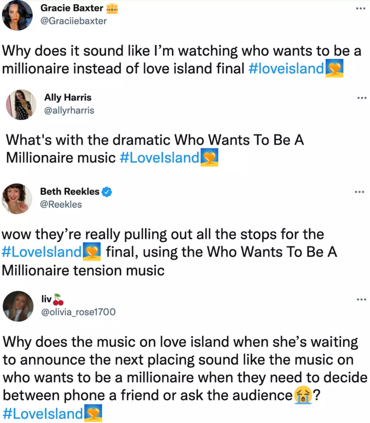 Love Island fans on Twitter said the music sounded like Who Wants To Be a Millionaire? (