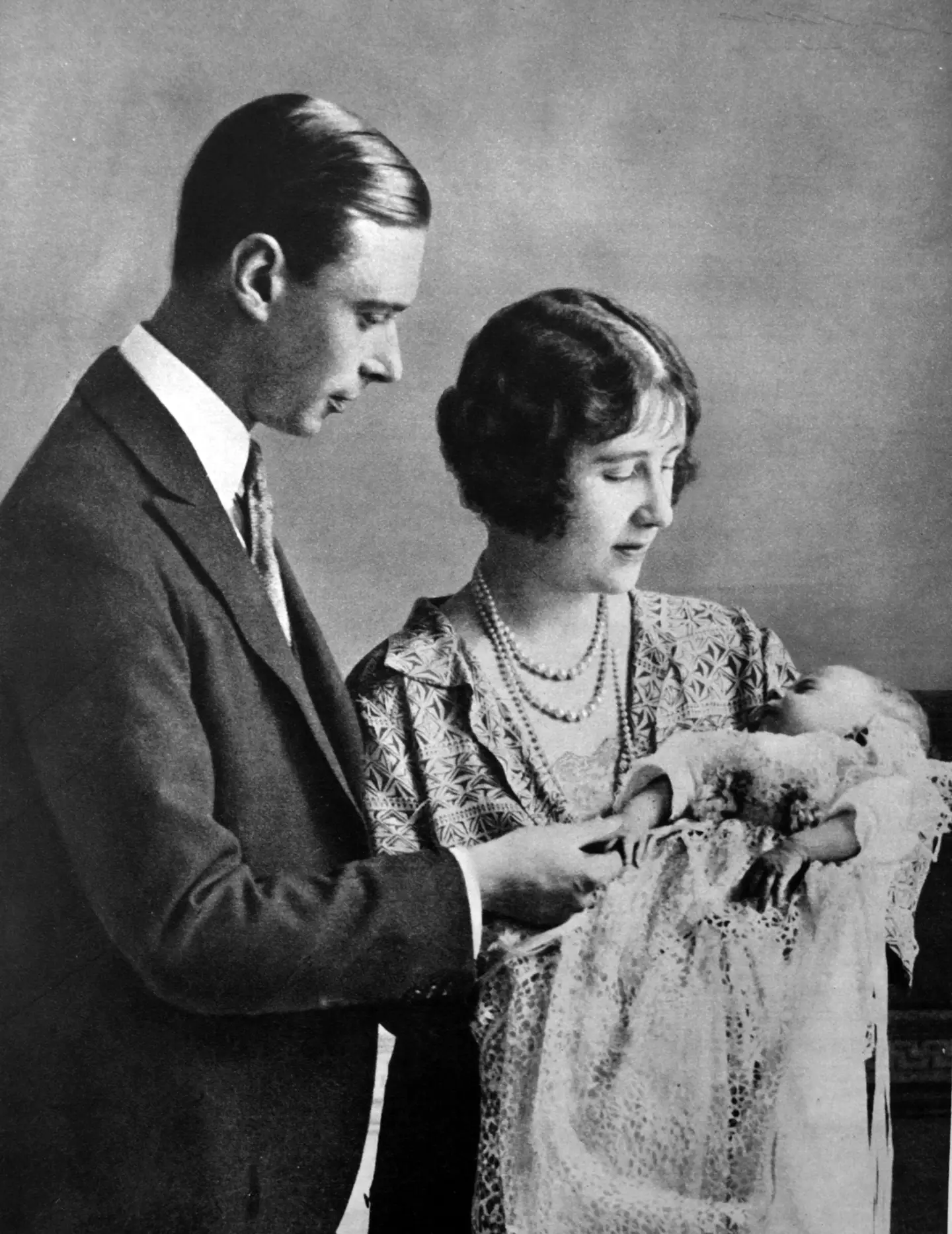 Family portrait of the Duke and Duchess of York (later King George VI and Queen Elizabeth) with the newborn Princess (later Queen Elizabeth II).