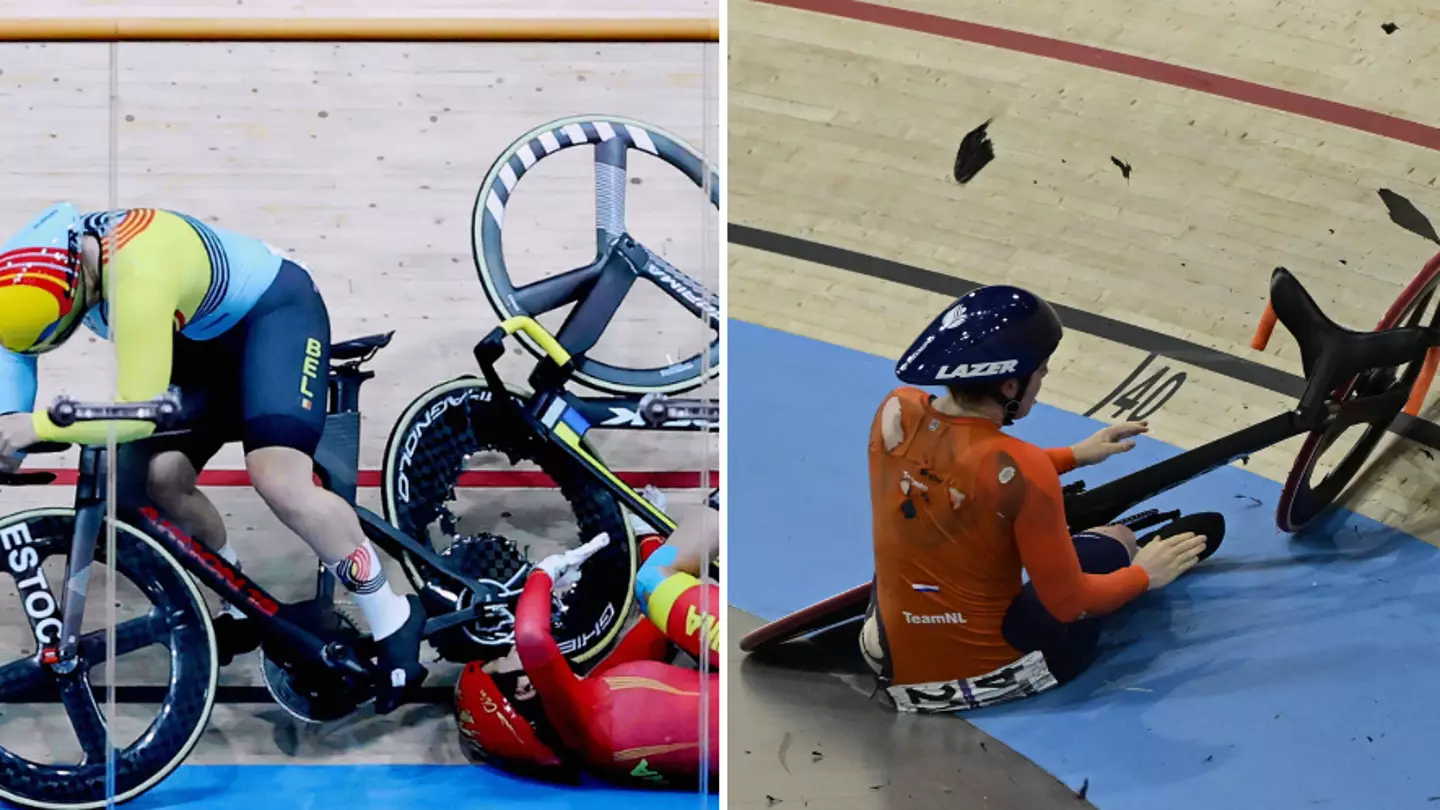 Shocking scenes as Olympic cyclists' bikes smashed to pieces in 40mph crash