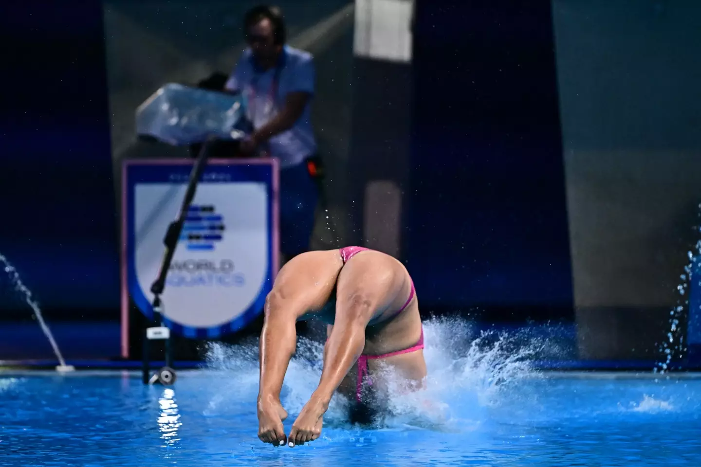 Montano landed with an almighty splash. (MANAN VATSYAYANA/AFP via Getty Images)