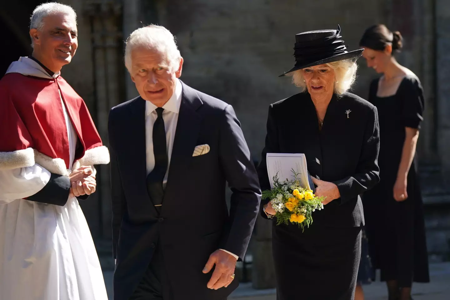 King Charles III and the Queen Consort leave Llandaff Cathedral in Cardiff.