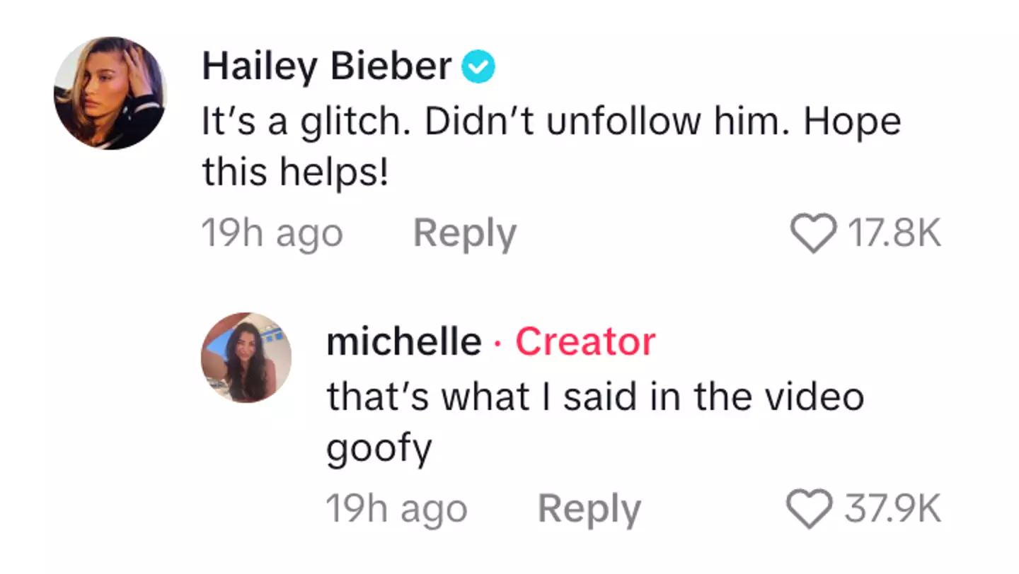 Hailey responded to the discourse online after she 'unfollowed' Justin (TikTok/@michelletok)