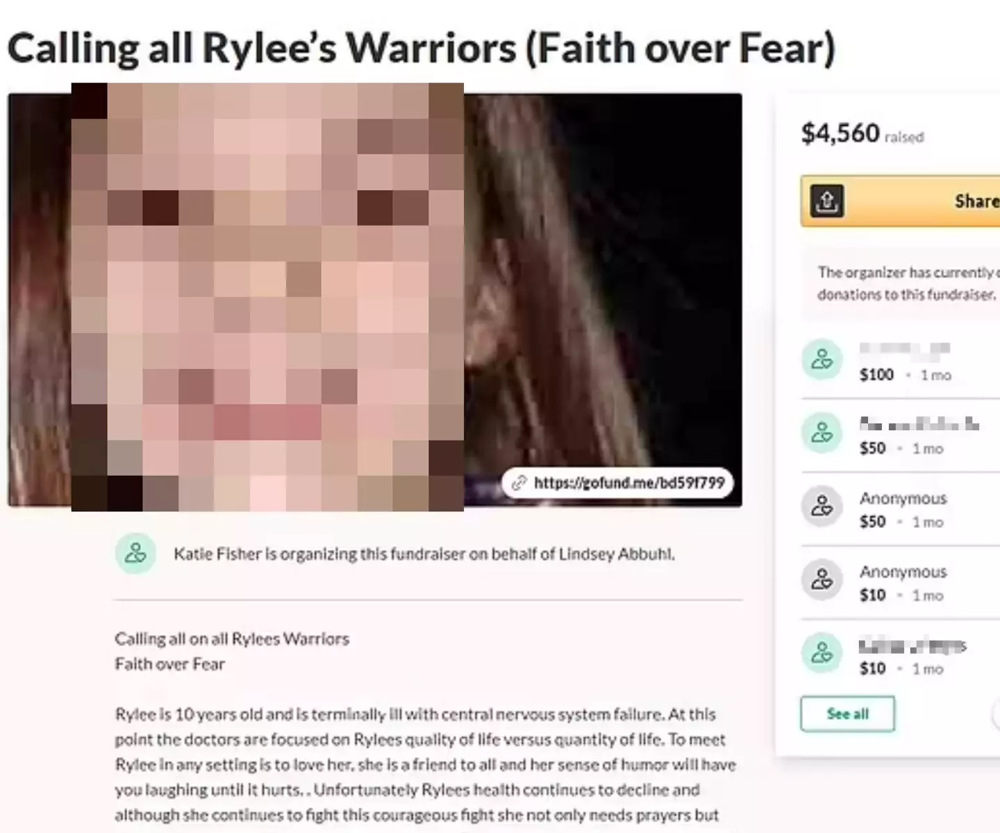 The 35-year-old set up a GoFundMe page for her daughter.