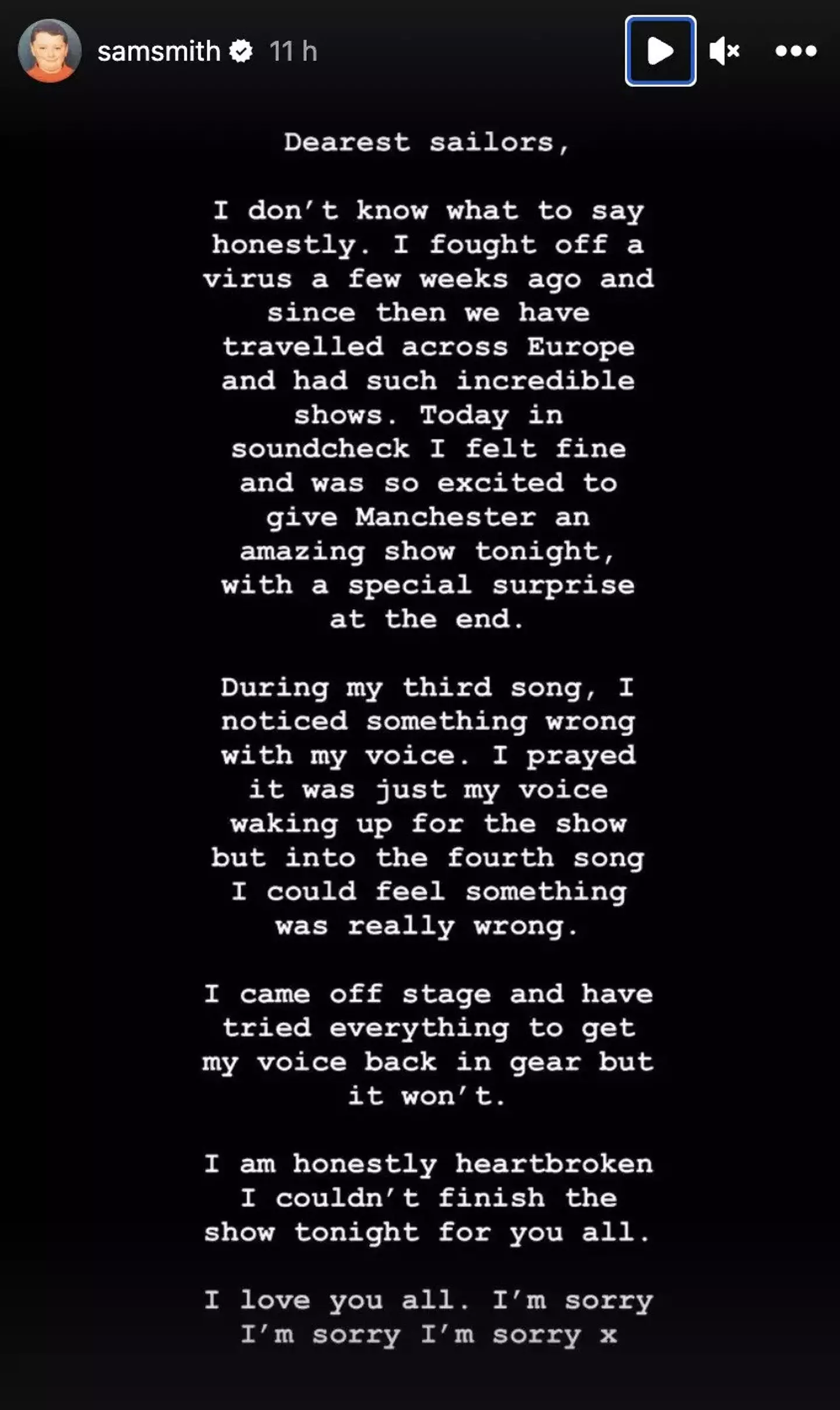 Sam issued an apology to fans on Instagram.