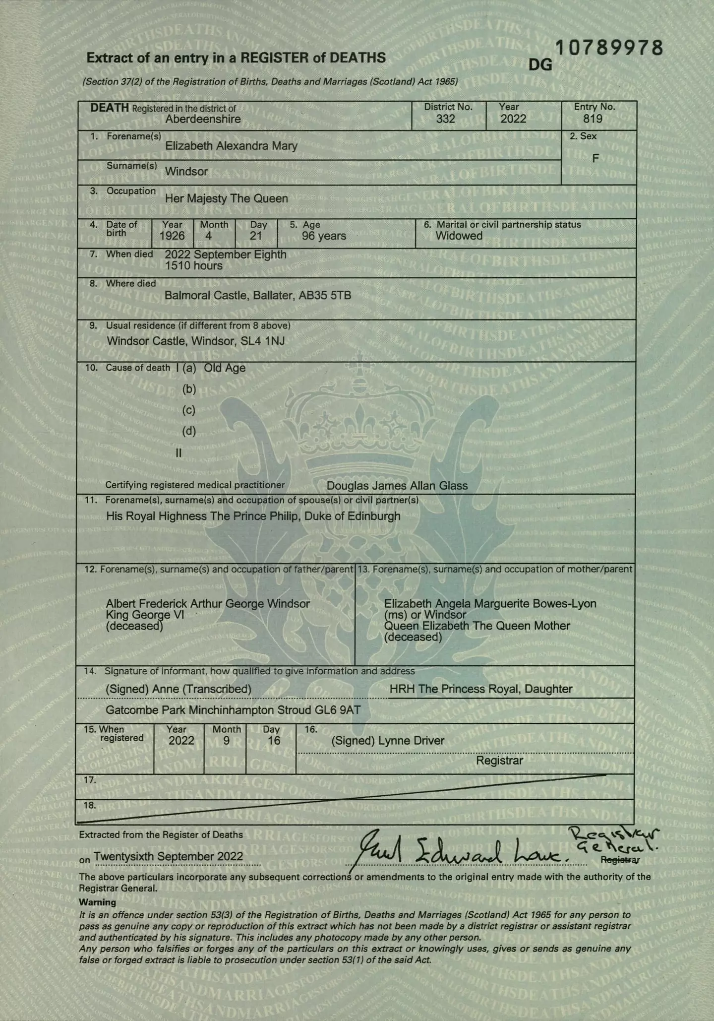 The late Queen's death certificate (National Records of Scotland)