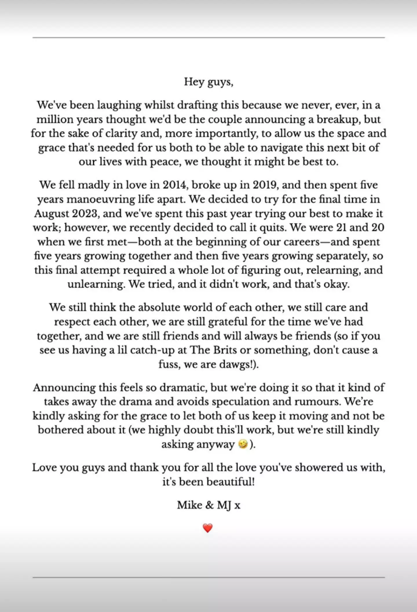 The couple shared a statement on social media (Instagram/@mayajama)