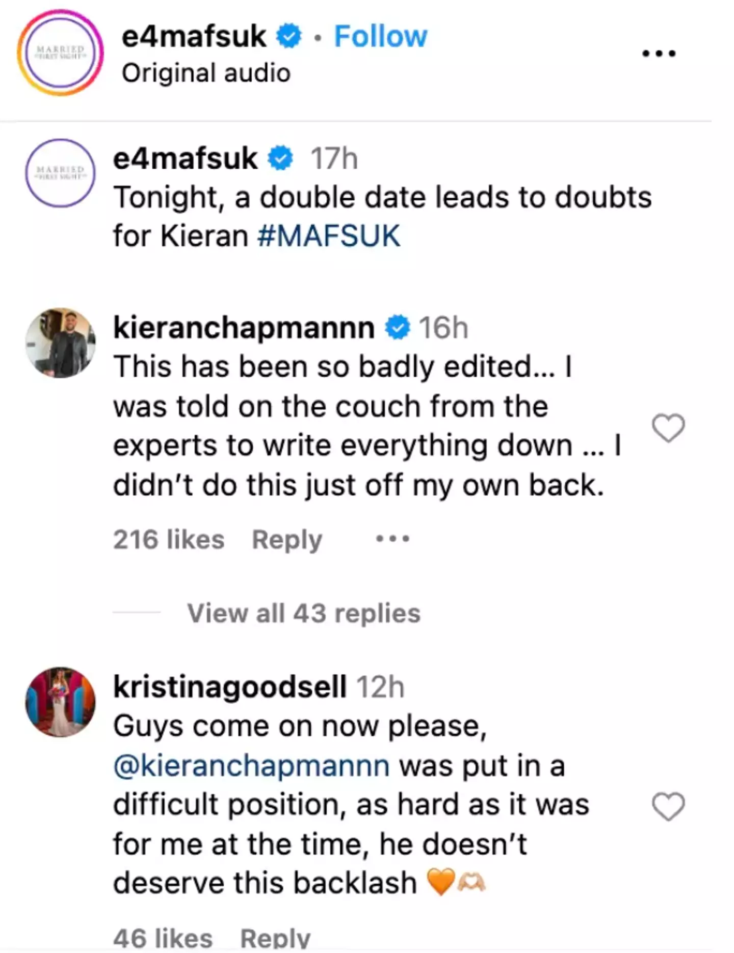 Kieran and Kristina have both had their say on the controversy (Instagram/@e4mafsuk)