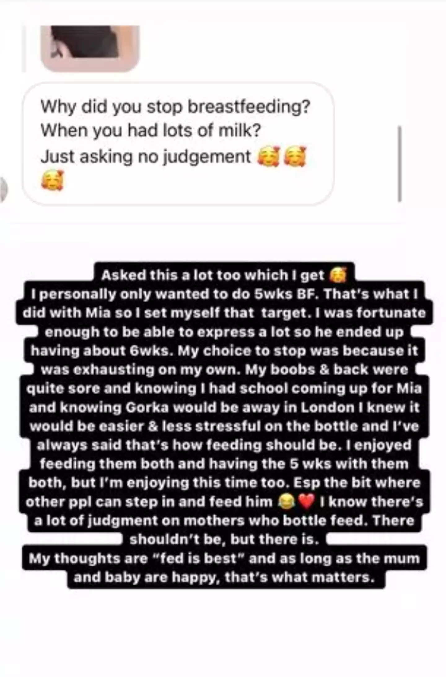 Atkinson has defended her decision to stop breastfeeding.