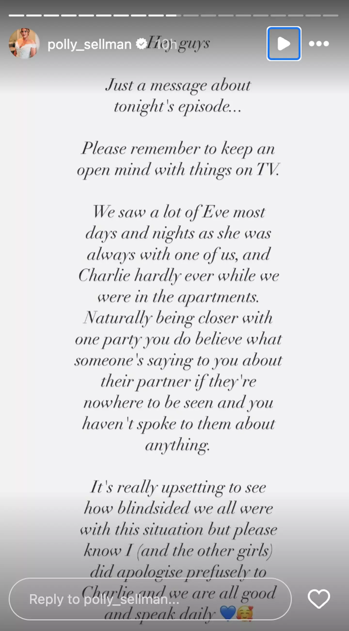 Polly shared a series of statements to Instagram following the explosive episode (Instagram/@polly_sellman)