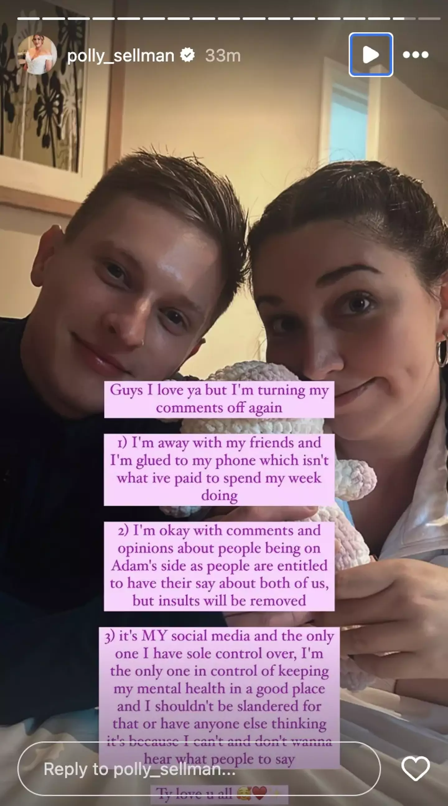 Polly explained why she turned her Instagram comments off yesterday (13 November) (Instagram/@polly_sellman)