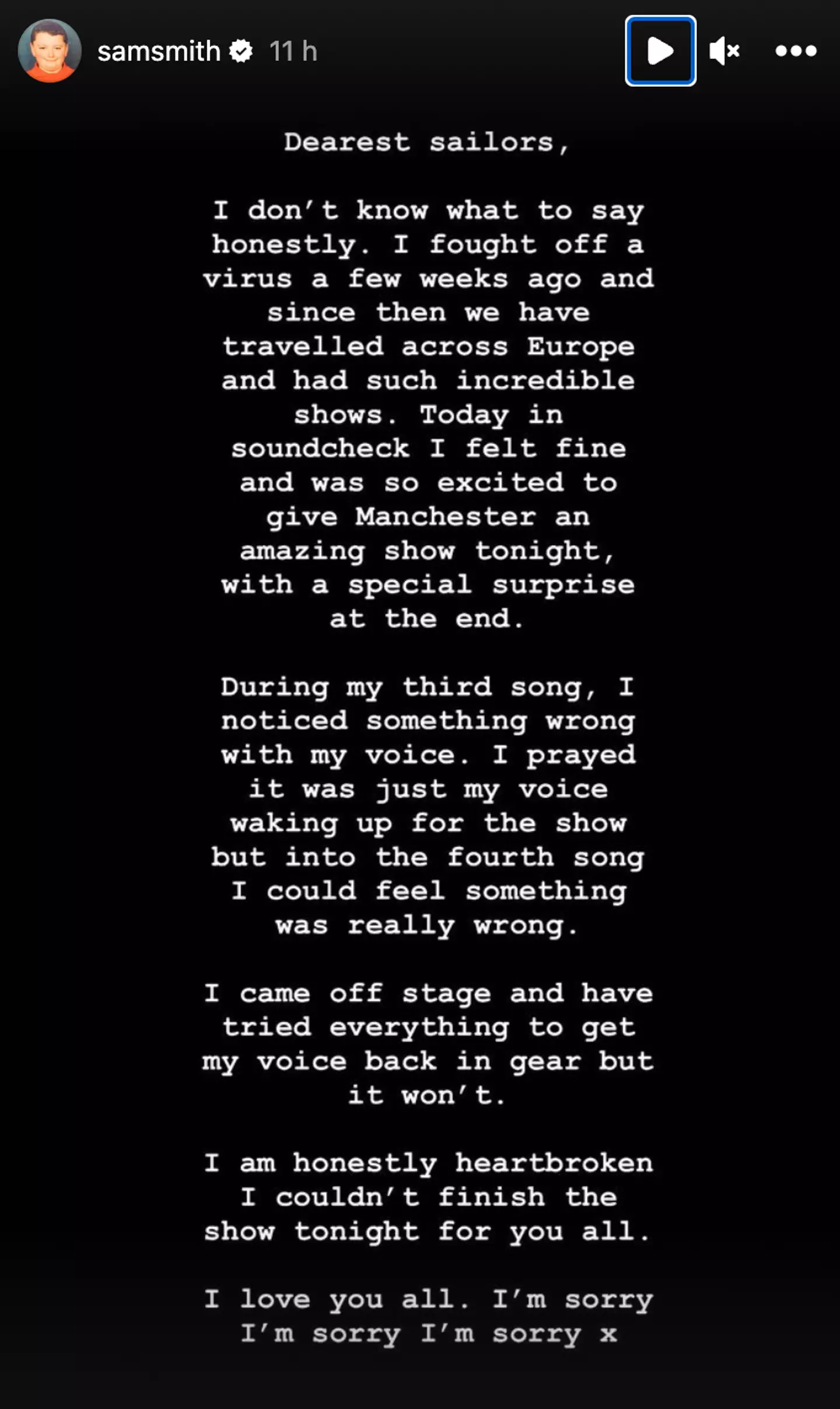Sam issued an apology to fans.