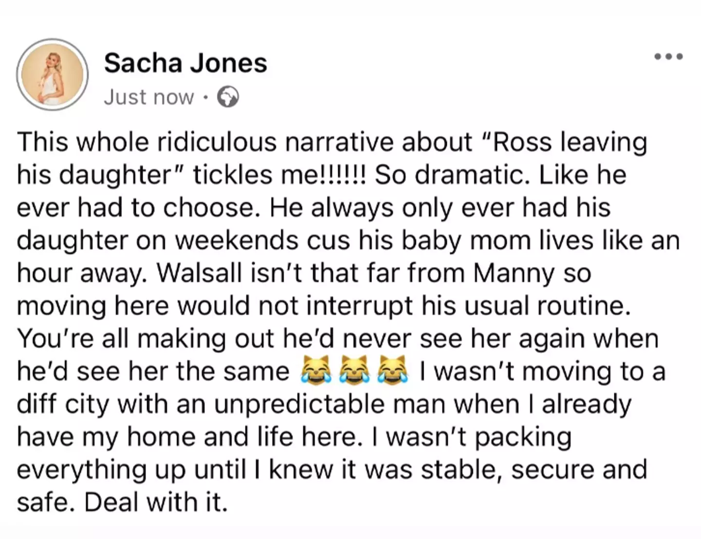 Sacha shared another statement on the 'ridiculous' matter (Instagram/@sacharjones)