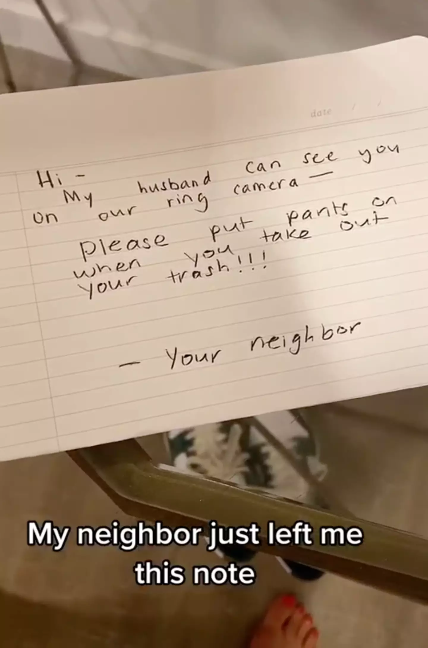 The neighbour sent the woman a note.