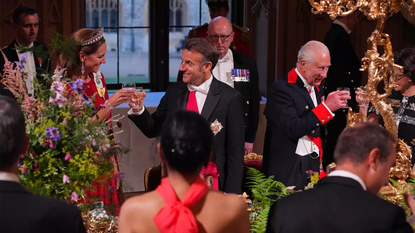 President Macron spotted making cheeky gesture towards Kate Middleton during state dinner after being snubbed by wife earlier on
