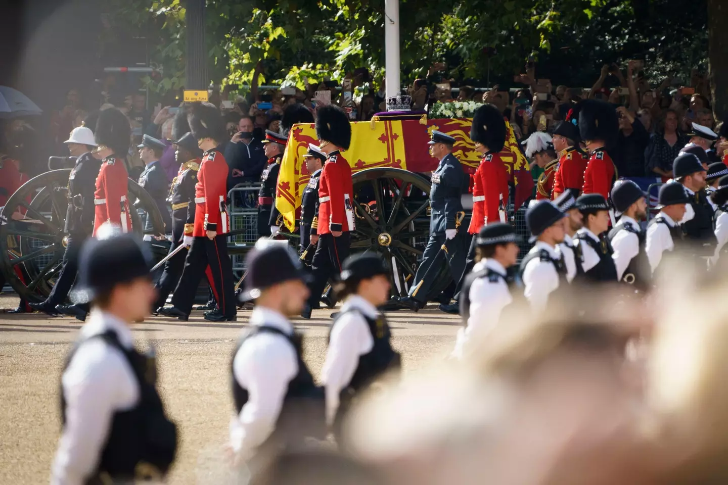 The Queen's coffin being transported from Buckingham Palace to Westminster Hall.