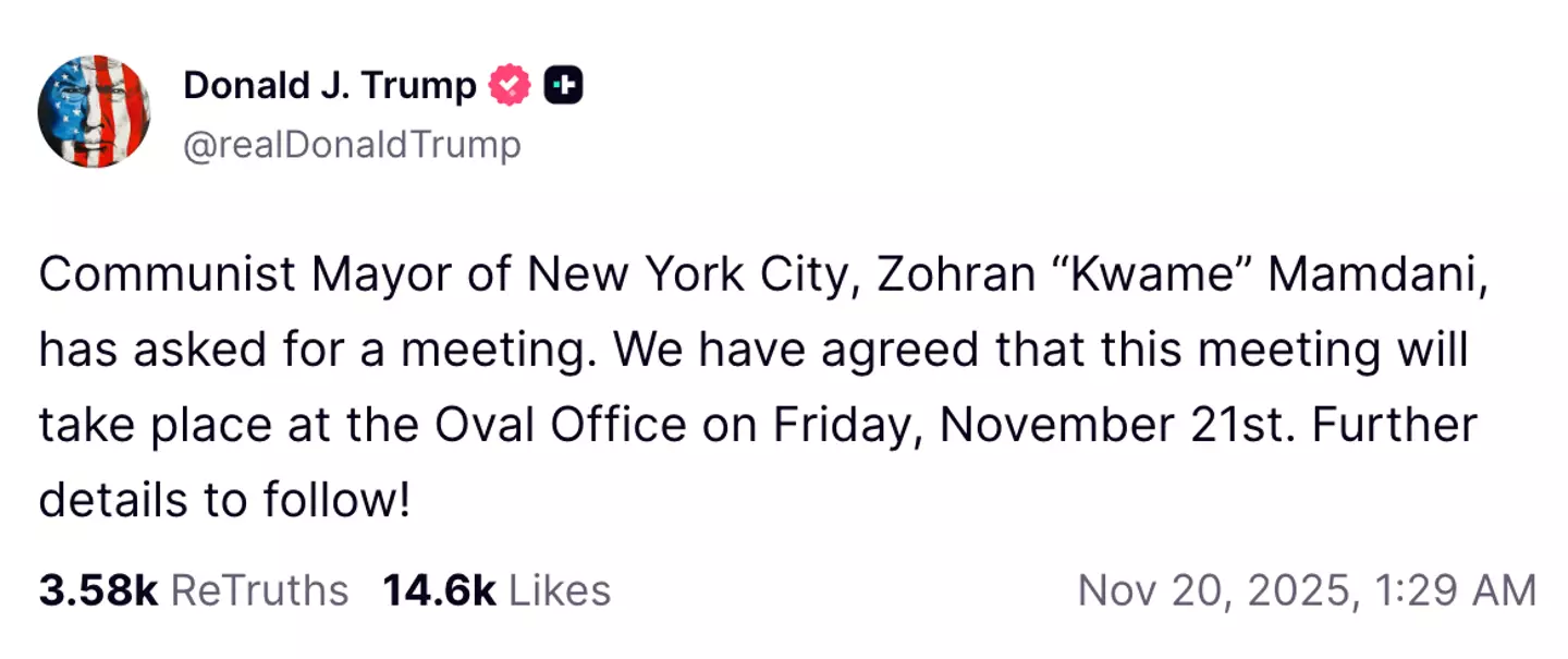 Trump has once again wrongly referred to democratic socialist Mamdani as a communist (Truth Social/@realDonaldTrump)