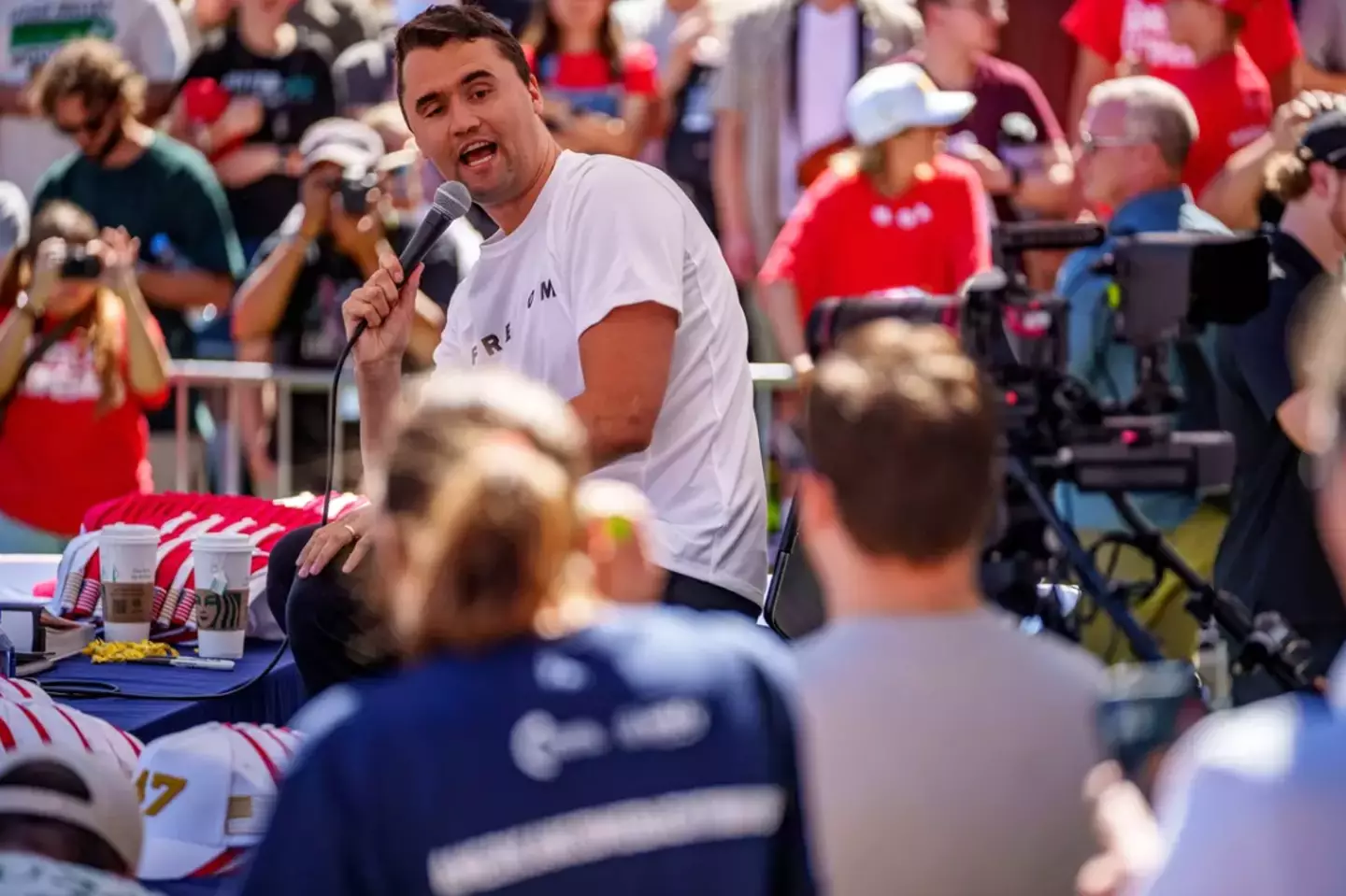 Kirk was shot whilst answering a question (Trent Nelson/The Salt Lake Tribune/Getty Images)
