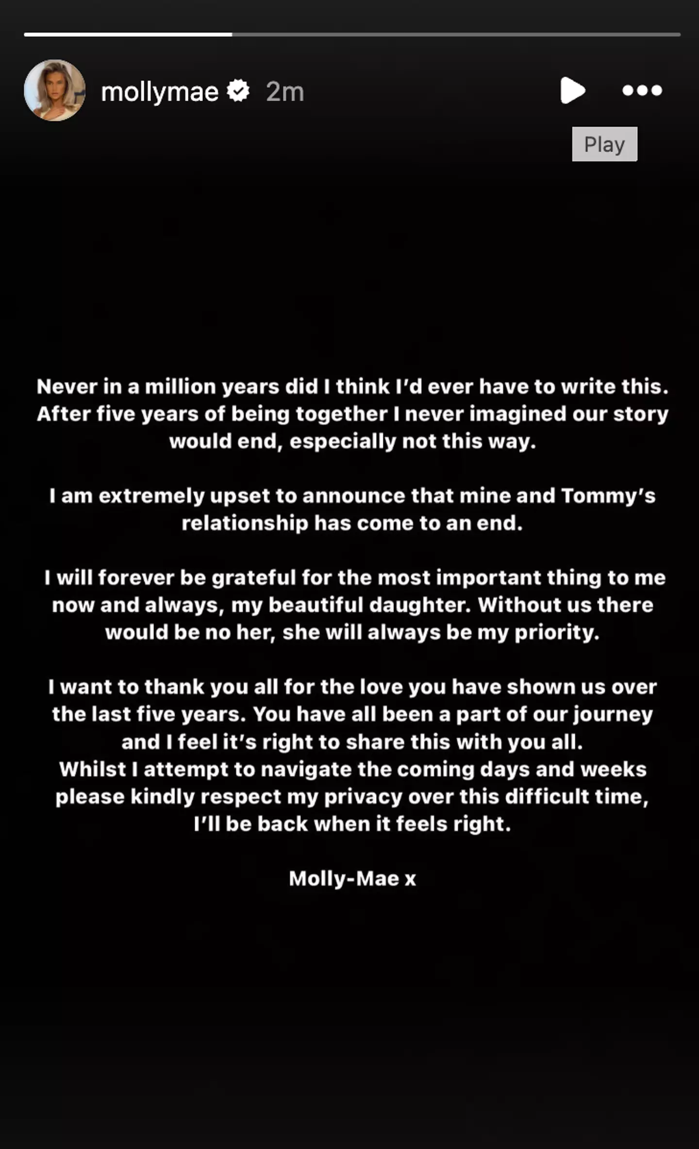 Molly Mae broke the news on Instagram. (Instagram/@mollymae)