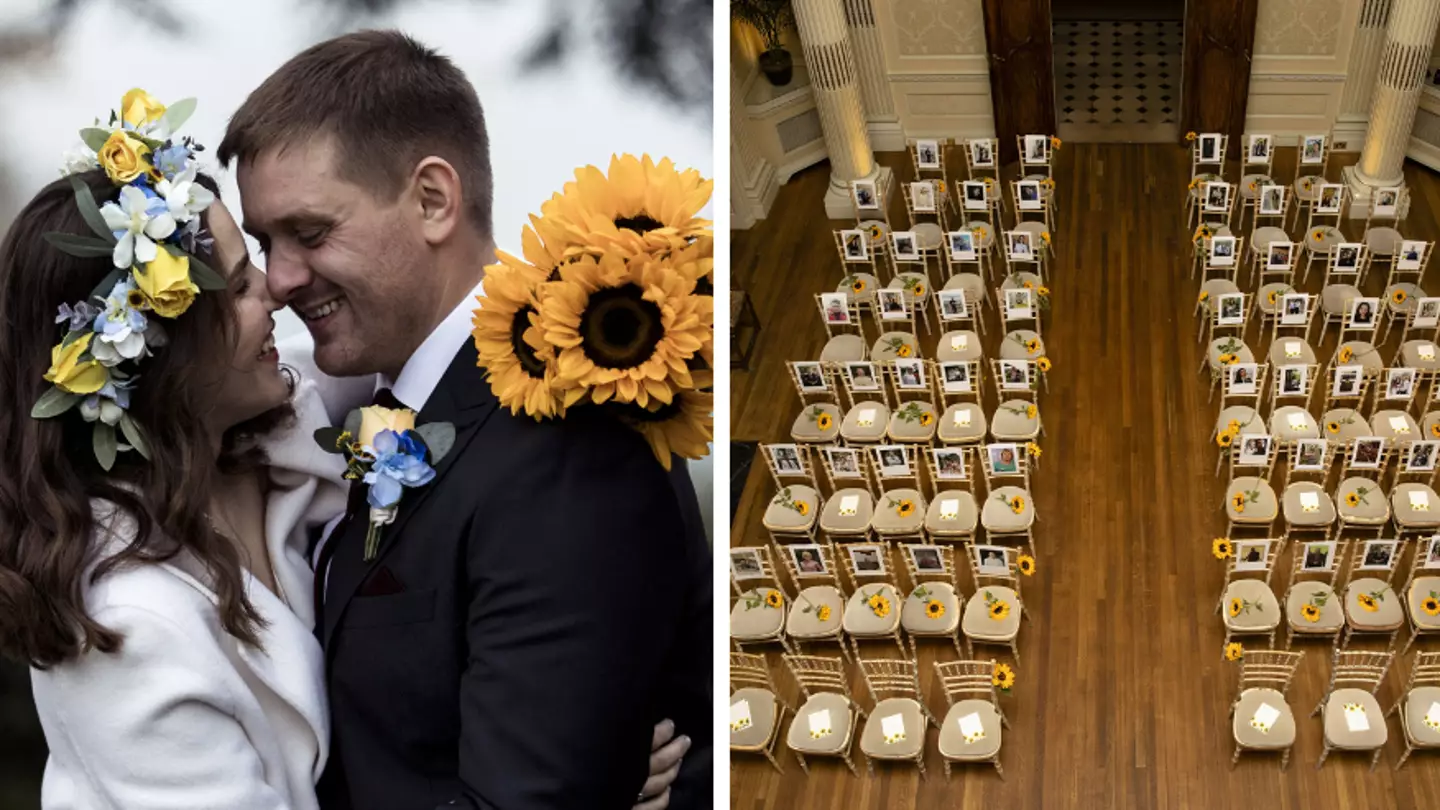 Ukrainian couple get married in the UK surrounded by pictures of family
