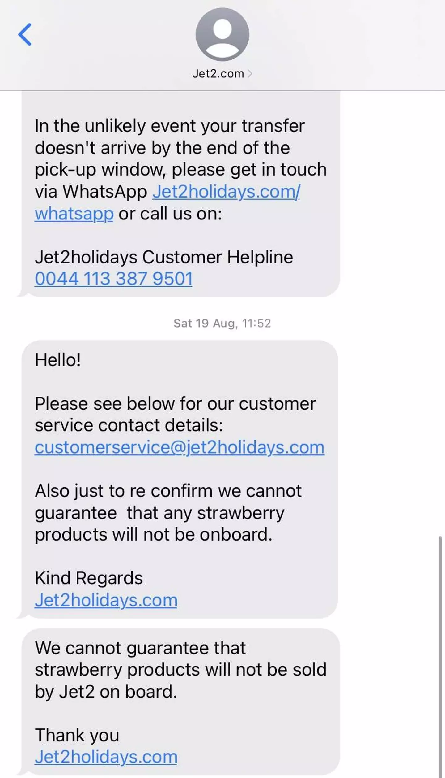 The text response from Jet2.