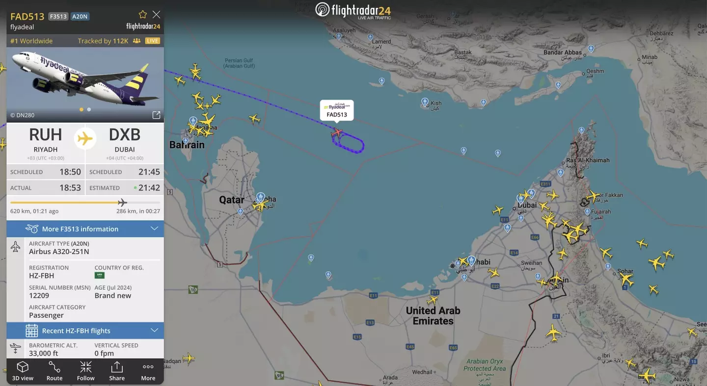 The flight appeated to be in a holding pattern over the Persian Gulf (X/@flightradar24)
