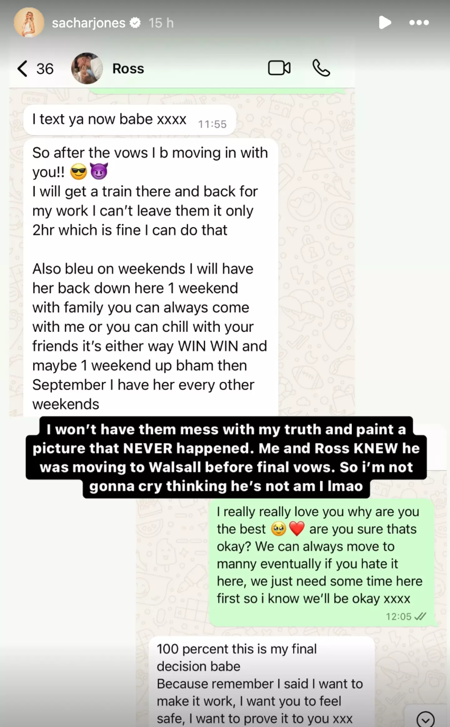 Sacha shared screenshots from her conversations with Ross as 'proof' (Instagram/@sacharjones)