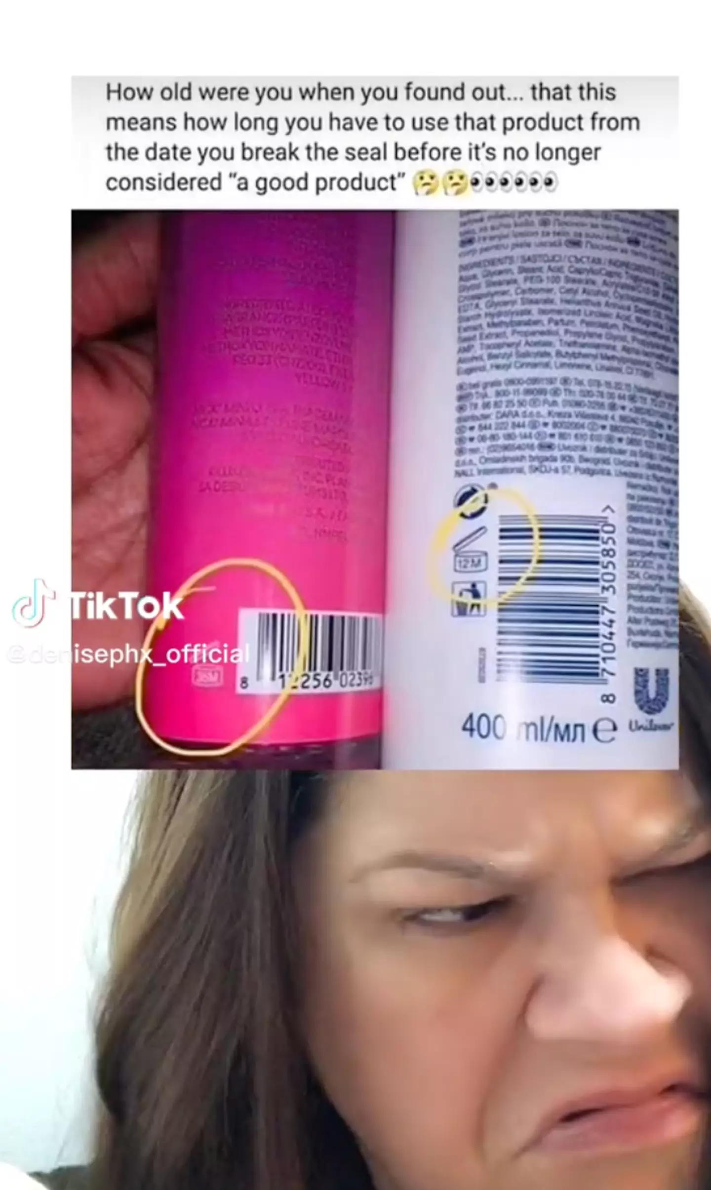 Denise shared a video of a screengrab which featured a photo of a shampoo and conditioner bottle.