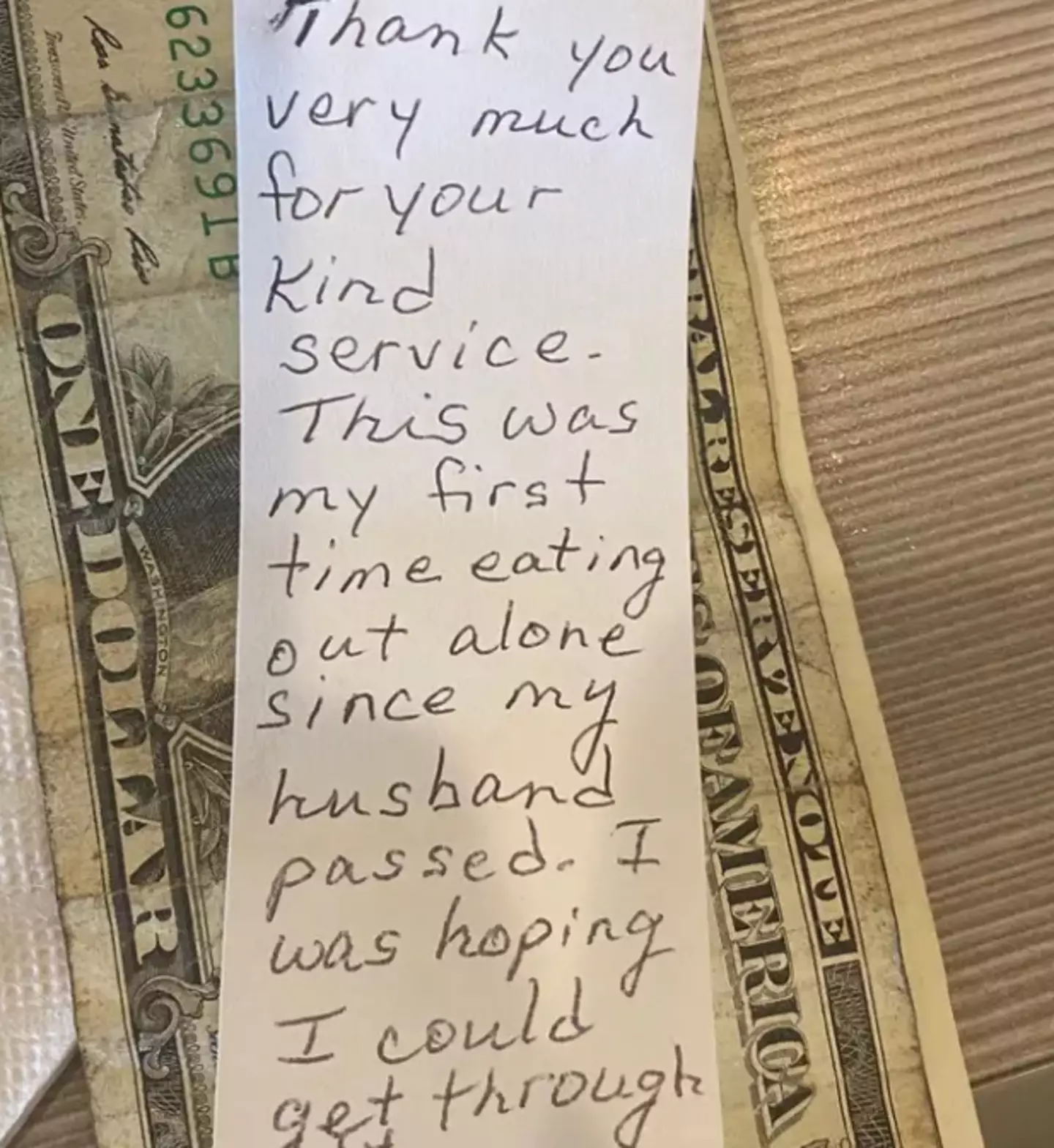 The sweet note was left along with a tip (