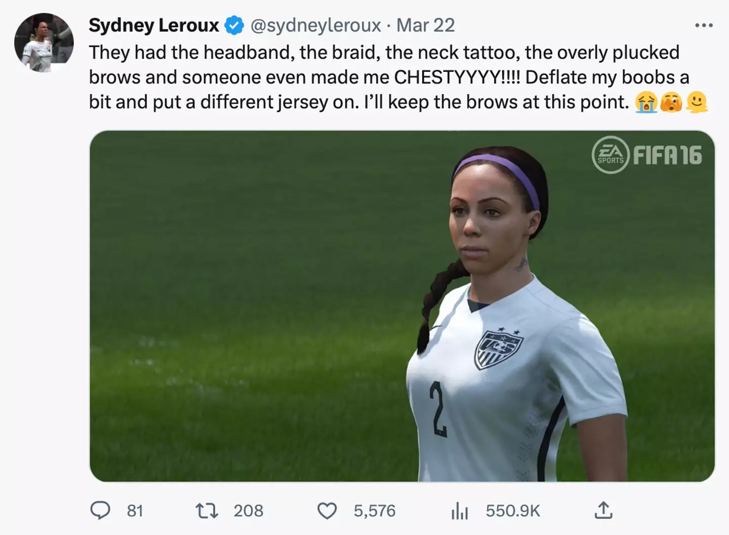 The footballer was less than impressed with her digital double.
