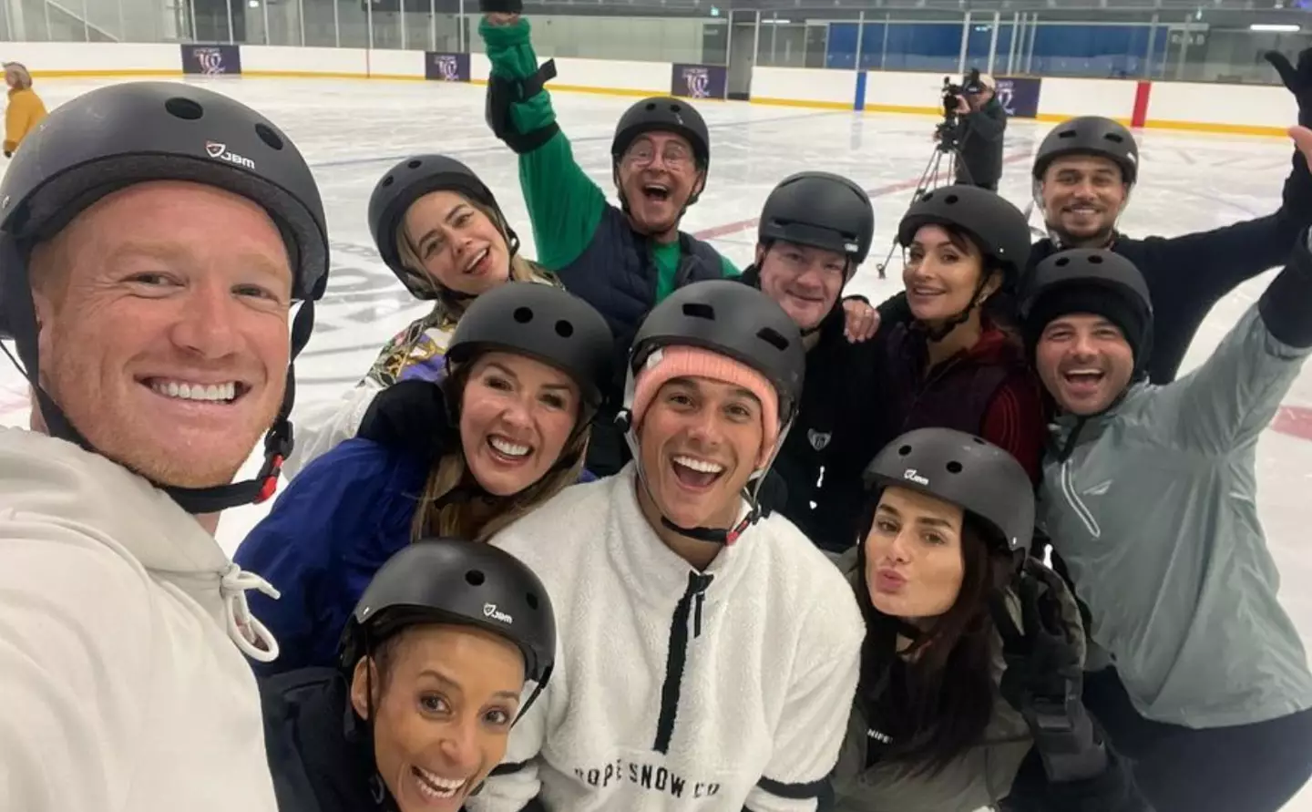 Miles with his co-stars practicing on the ice.