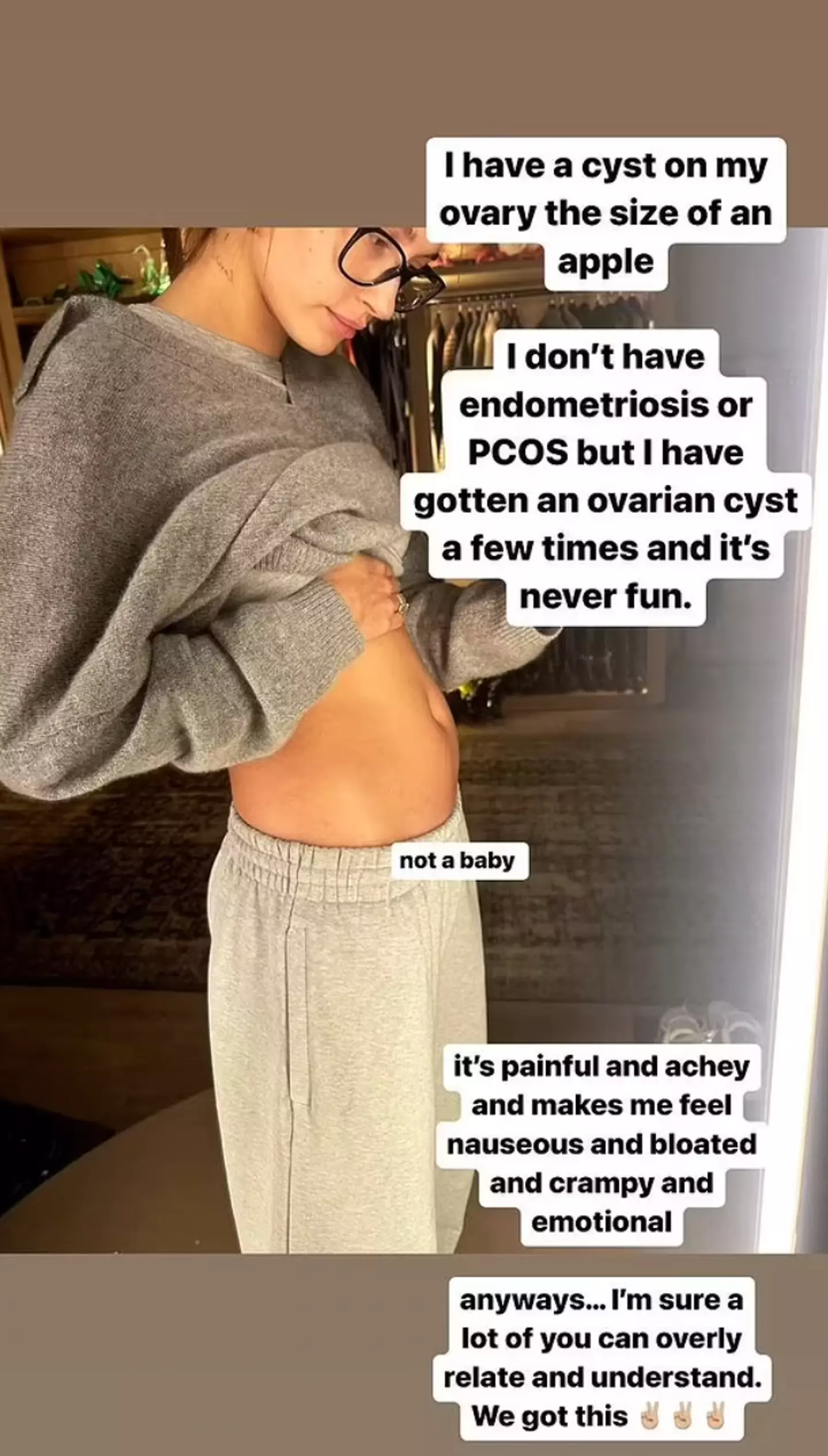 Hailey told followers she was suffering with an ovarian cyst.