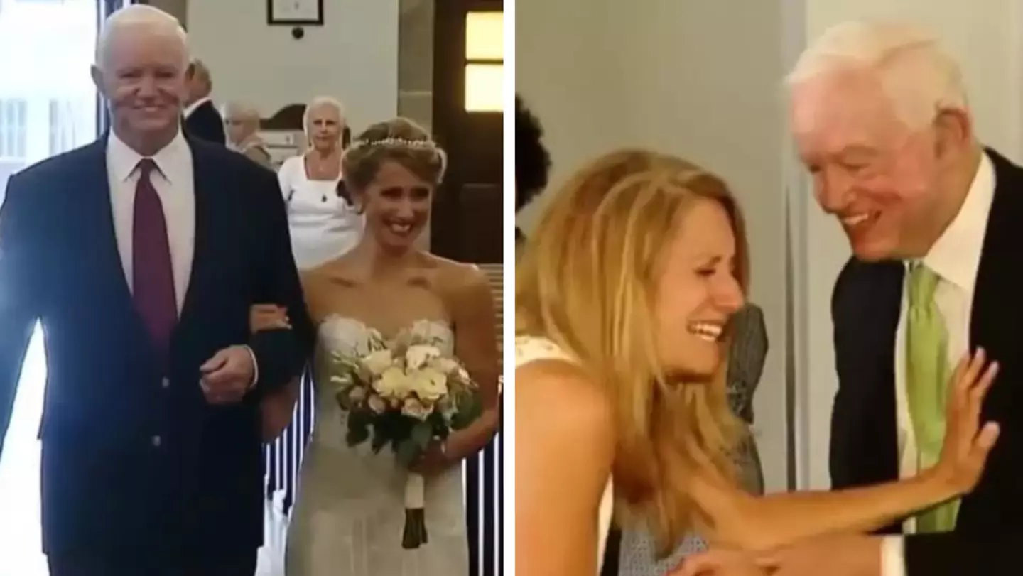 Bride in tears as the man who received her late dad's heart walks her down the aisle
