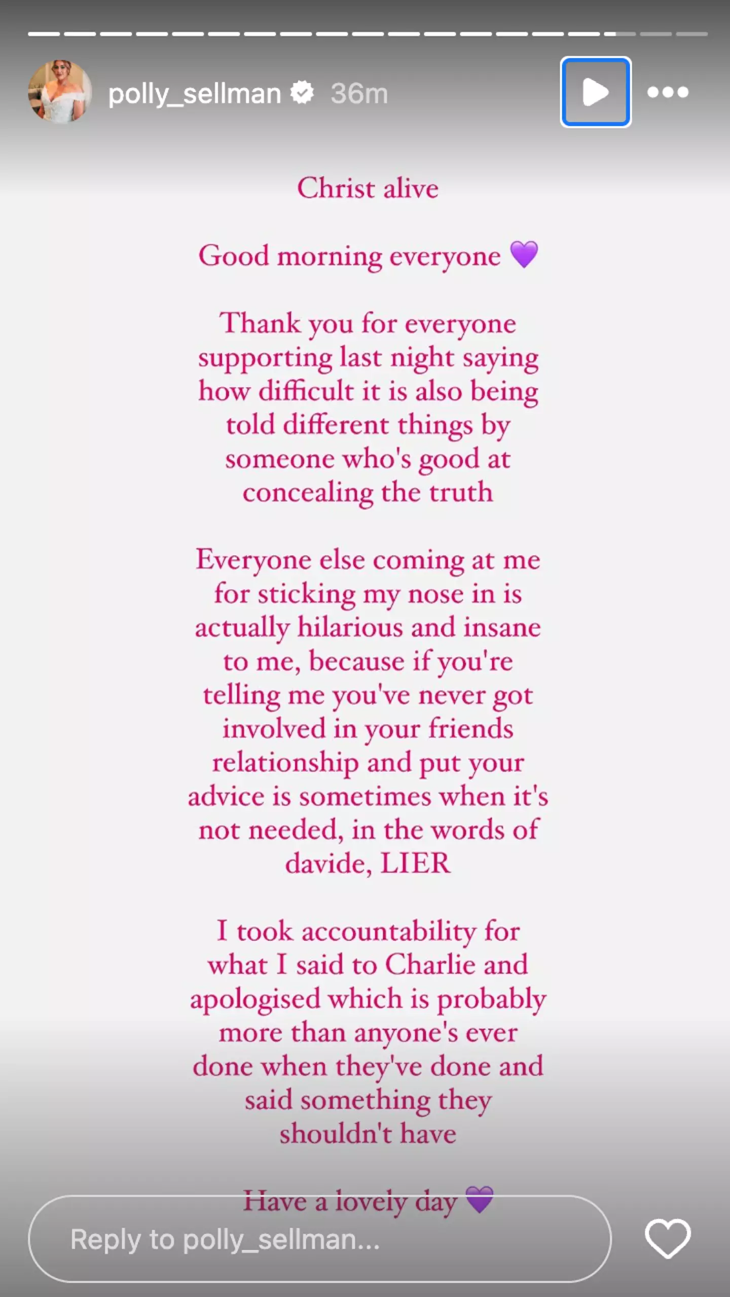Polly has since 'taken accountability' apologised to Charlie for her remarks (Instagram/@polly_sellman)