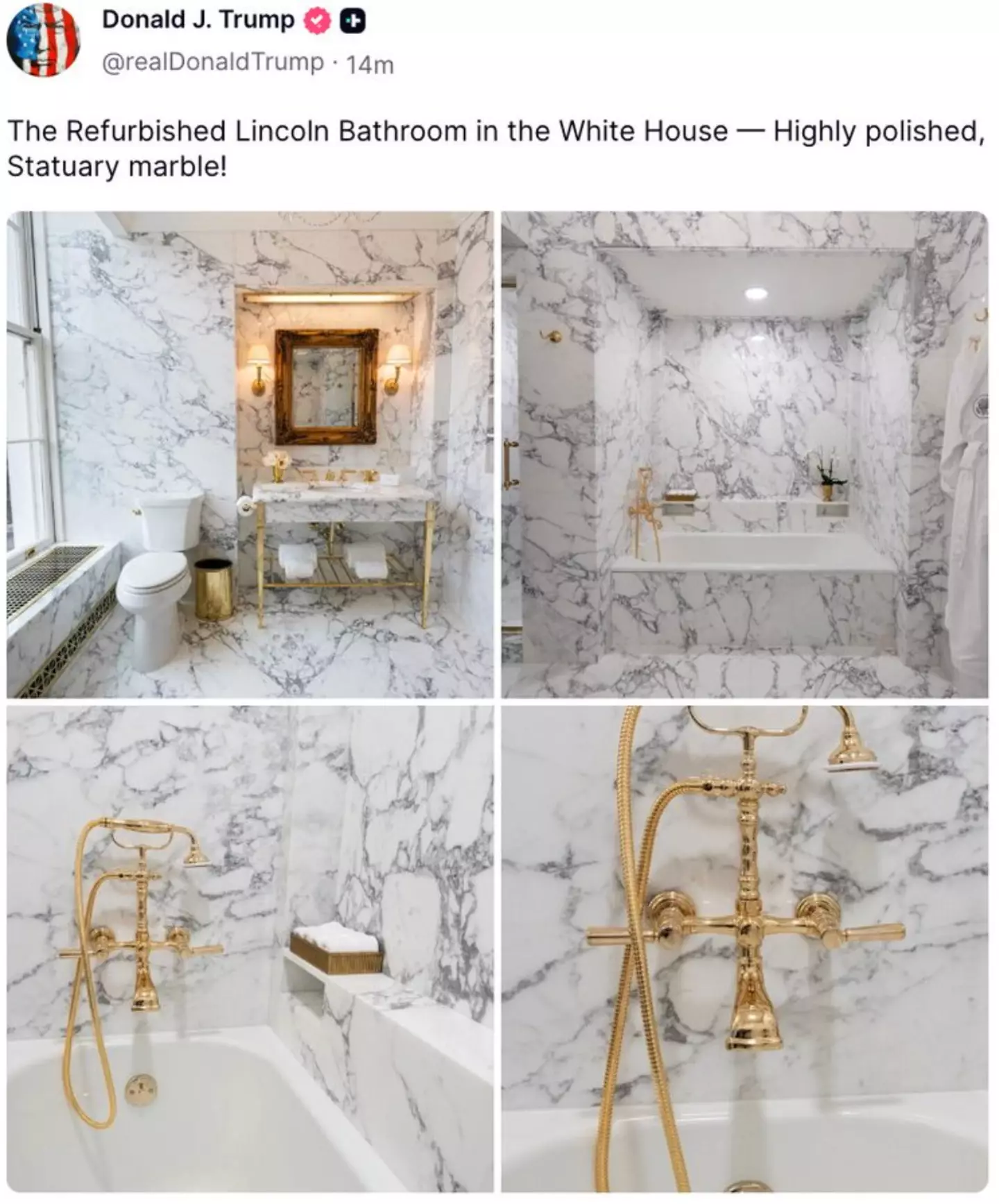 Trump gave a glimpse at his new bathrooms (Truth Social)