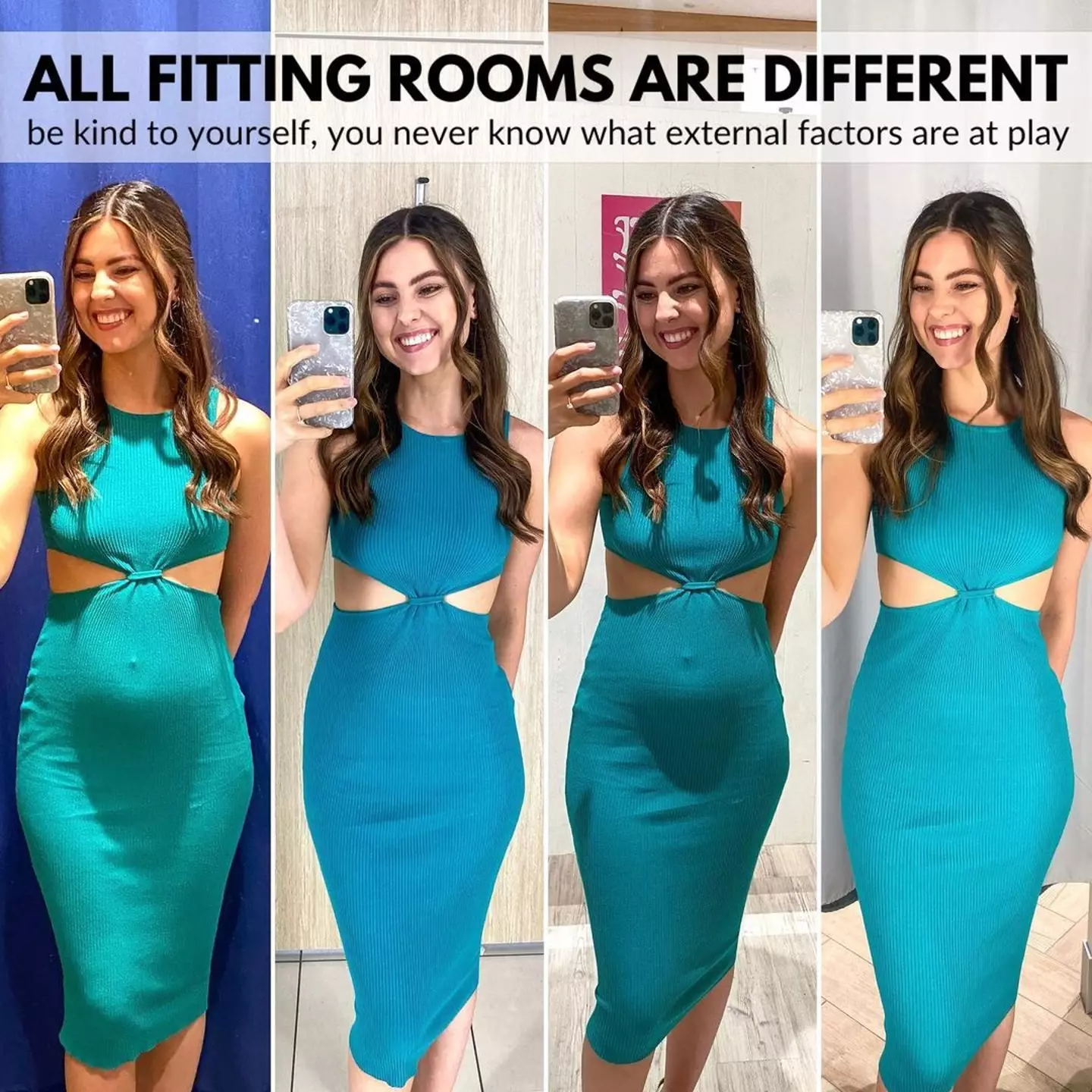Different fitting rooms have different lighting.
