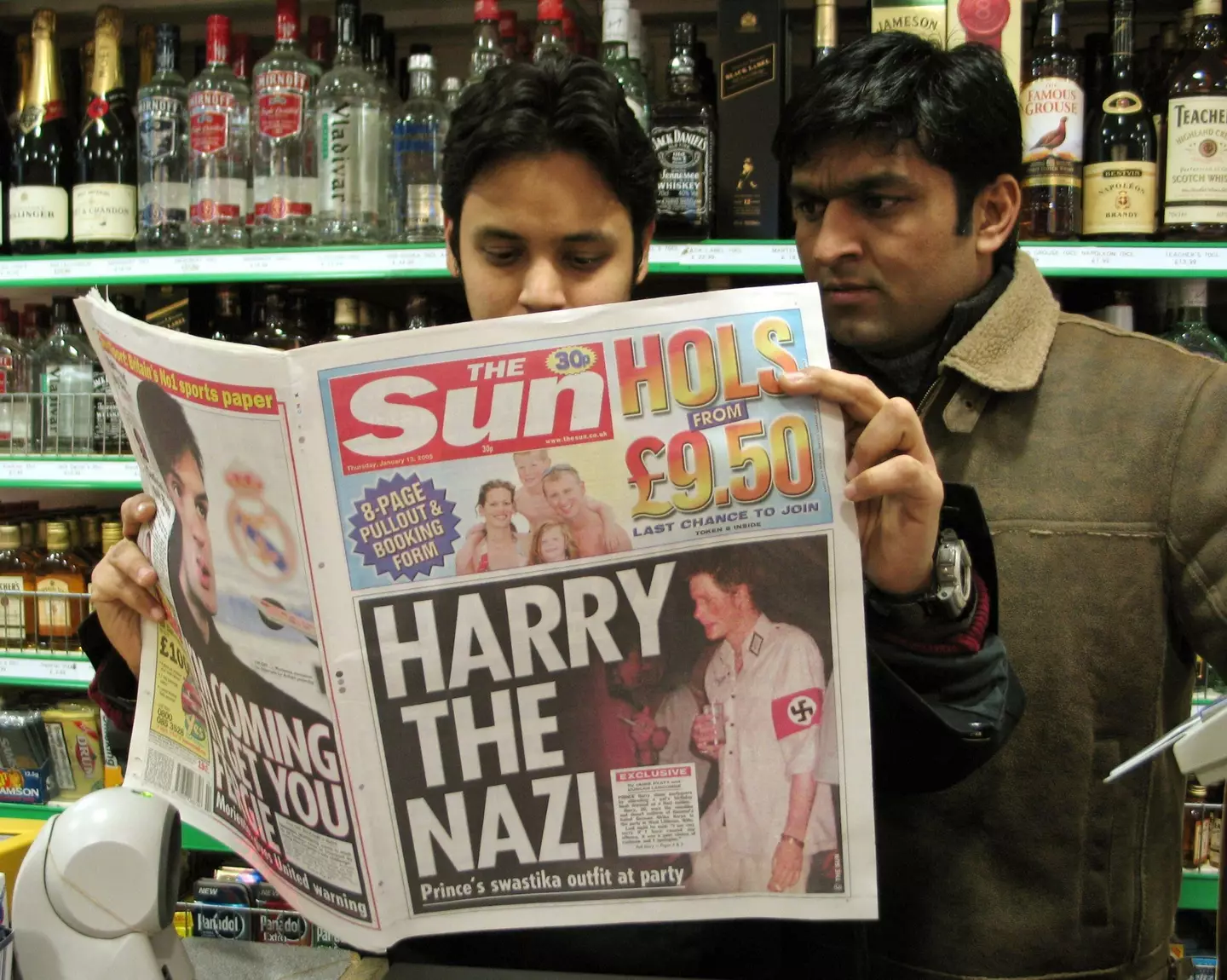 Wearing the Nazi outfit, Prince Harry made the front page of The Sun.
