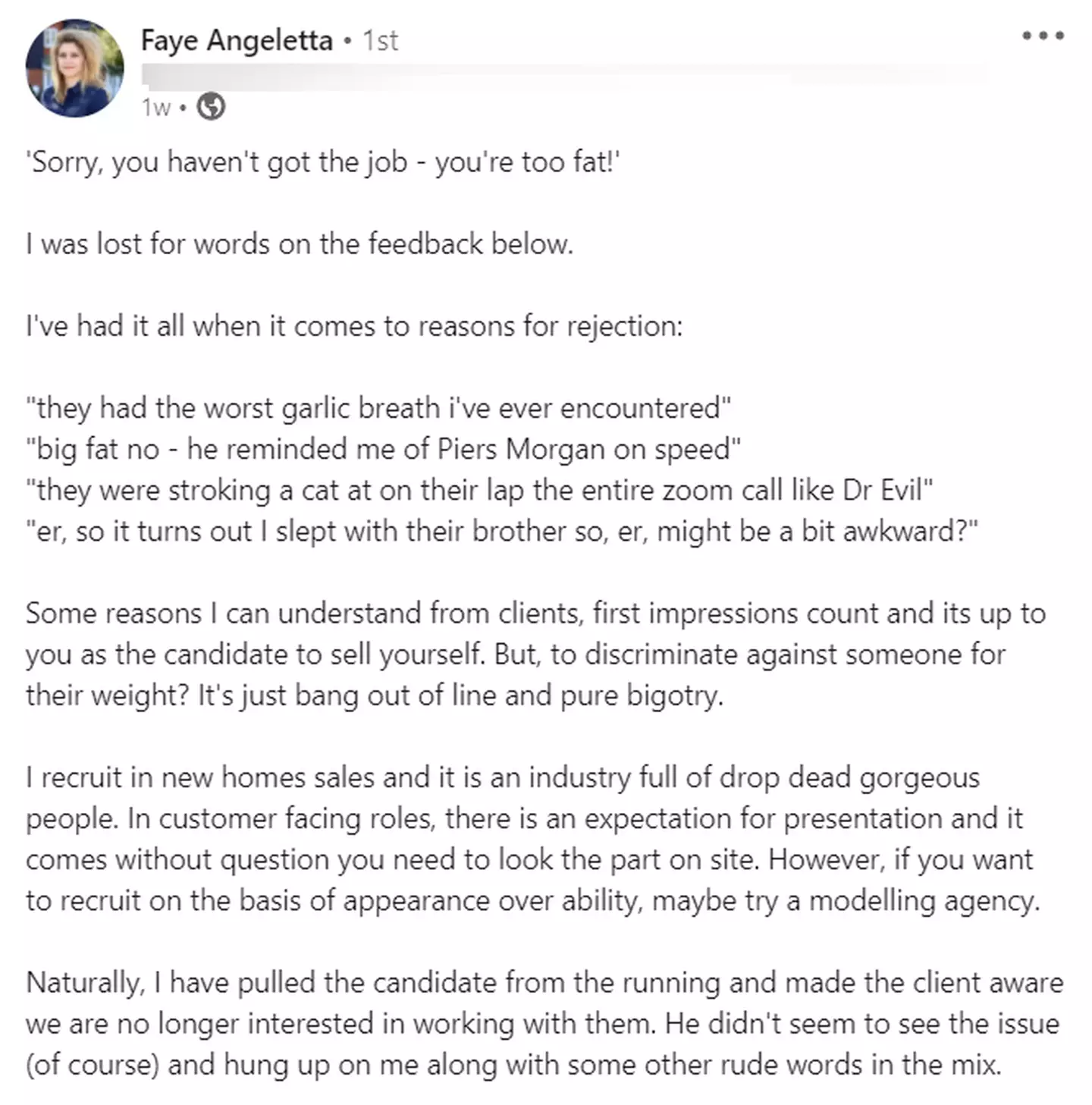 Faye posted about her exchange with her boss on LinkedIn (