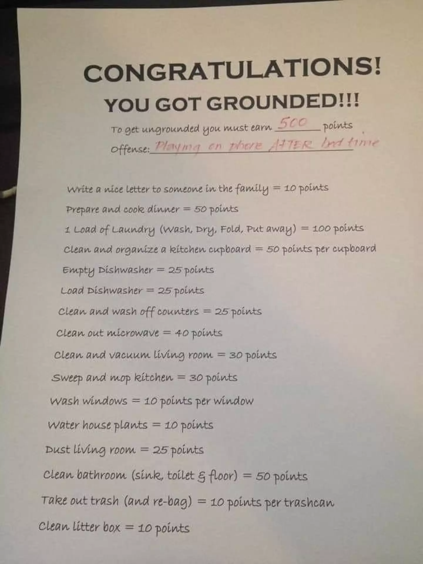 A list of sixteen chores children can do to become 'ungrounded' has divided parents.